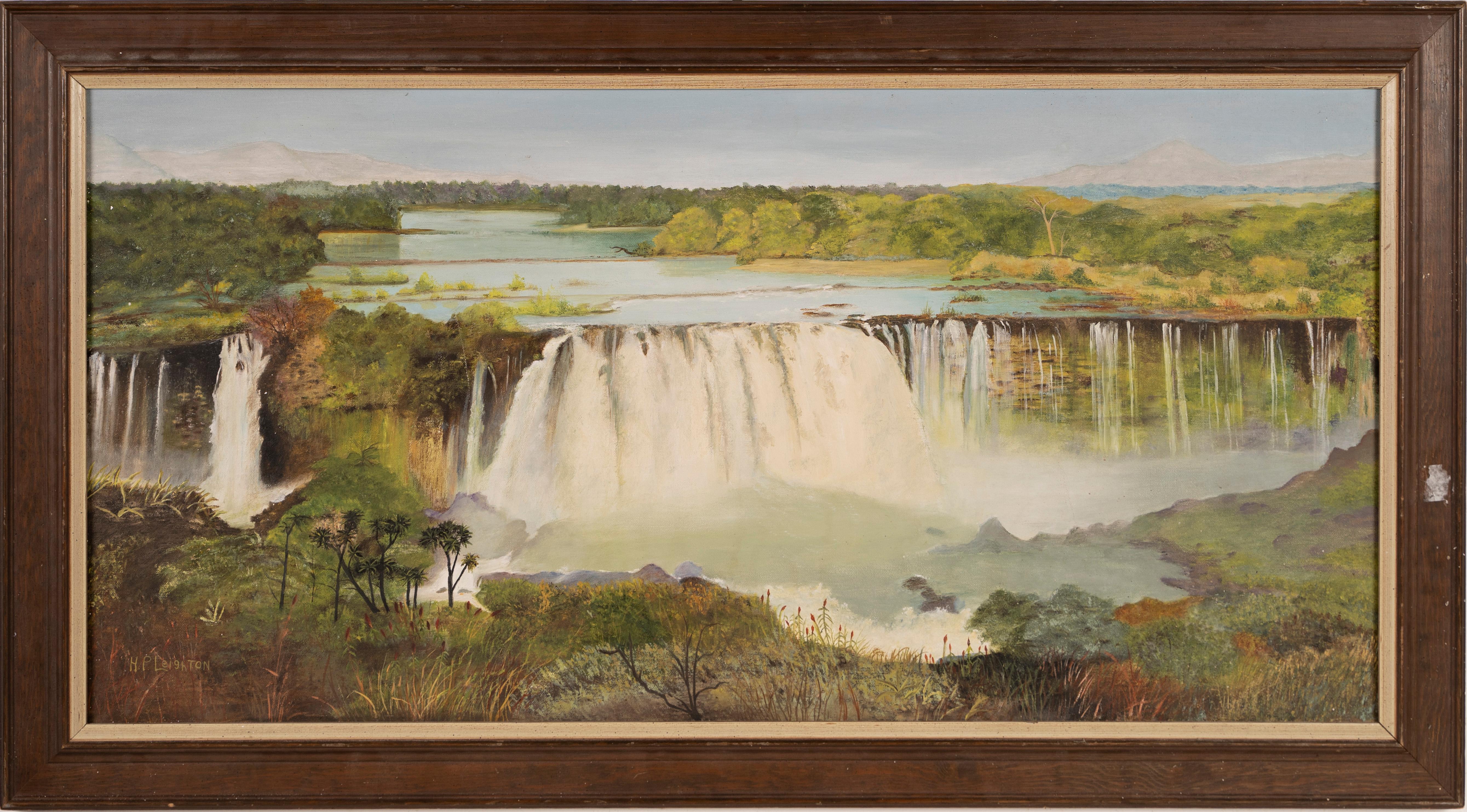 Unknown Abstract Painting - Vintage Panoramic Impressionist Summer Waterfall Victoria Falls Africa Painting