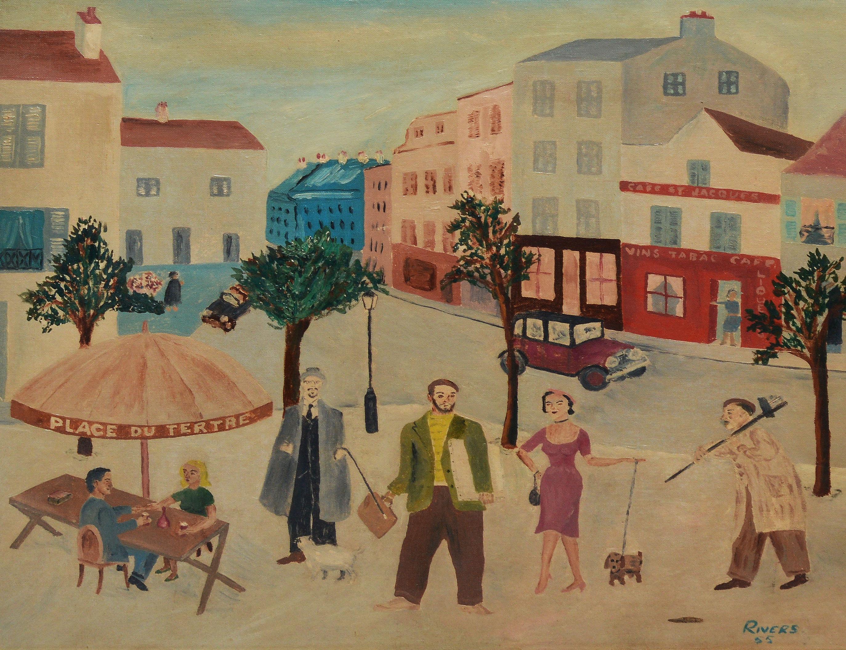 Vintage Paris Modern Street Scene Signed Oil Painting by Rivers 1