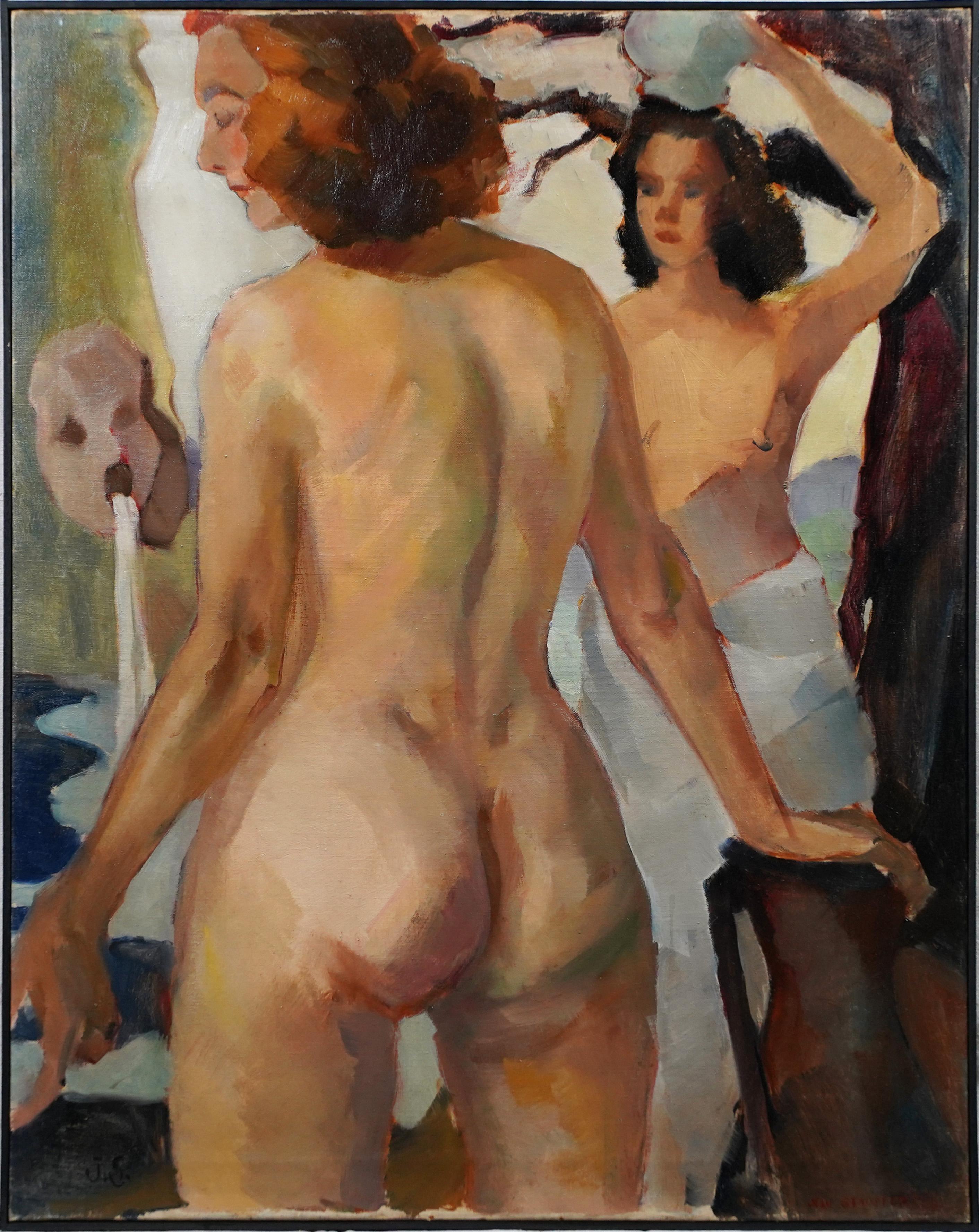 Vintage Paris School Nude Female Bathers Double Sided Impressionist Ölgemälde – Painting von Unknown