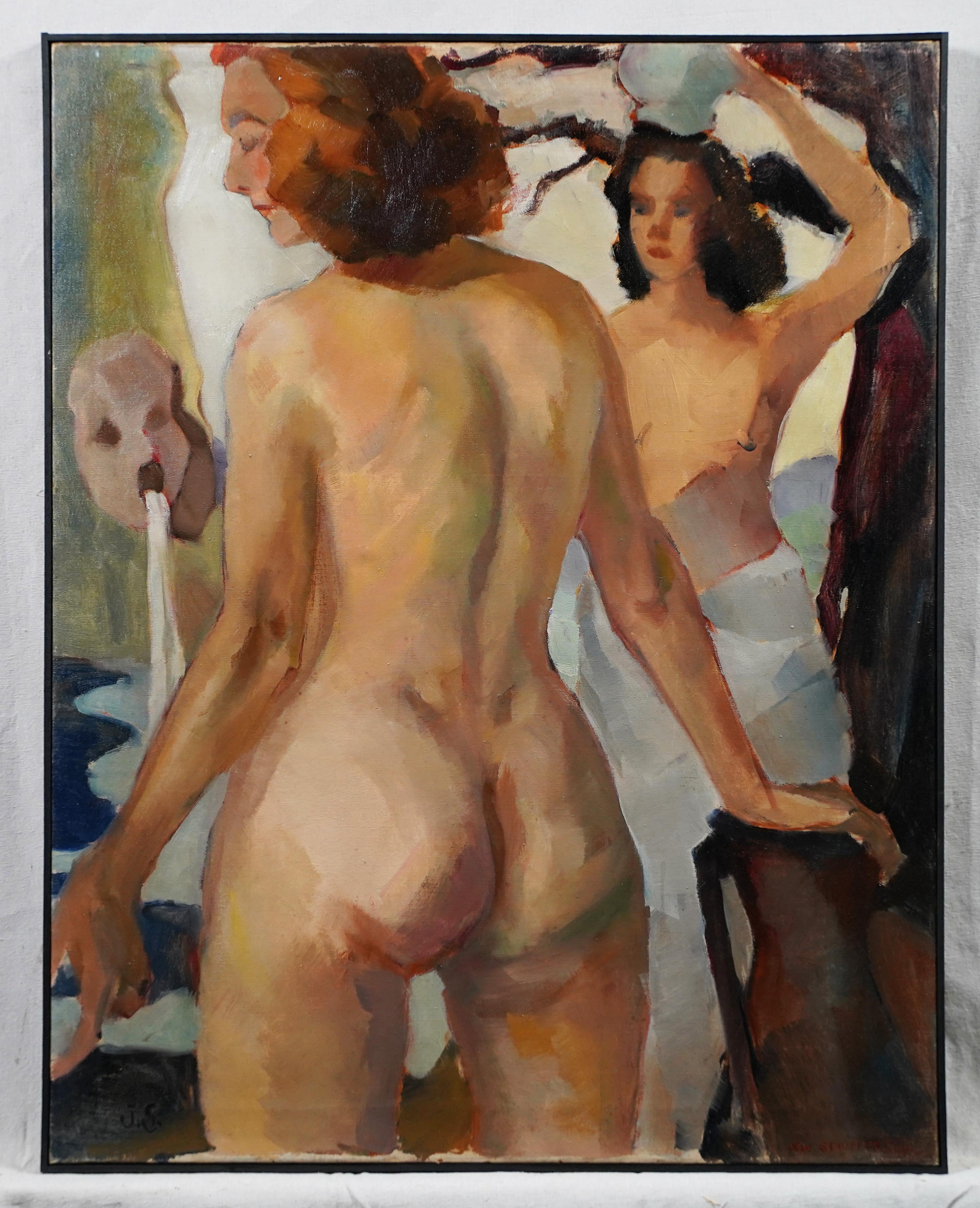 Vintage Paris School Nude Female Bathers Double Sided Impressionist Oil Painting For Sale 1