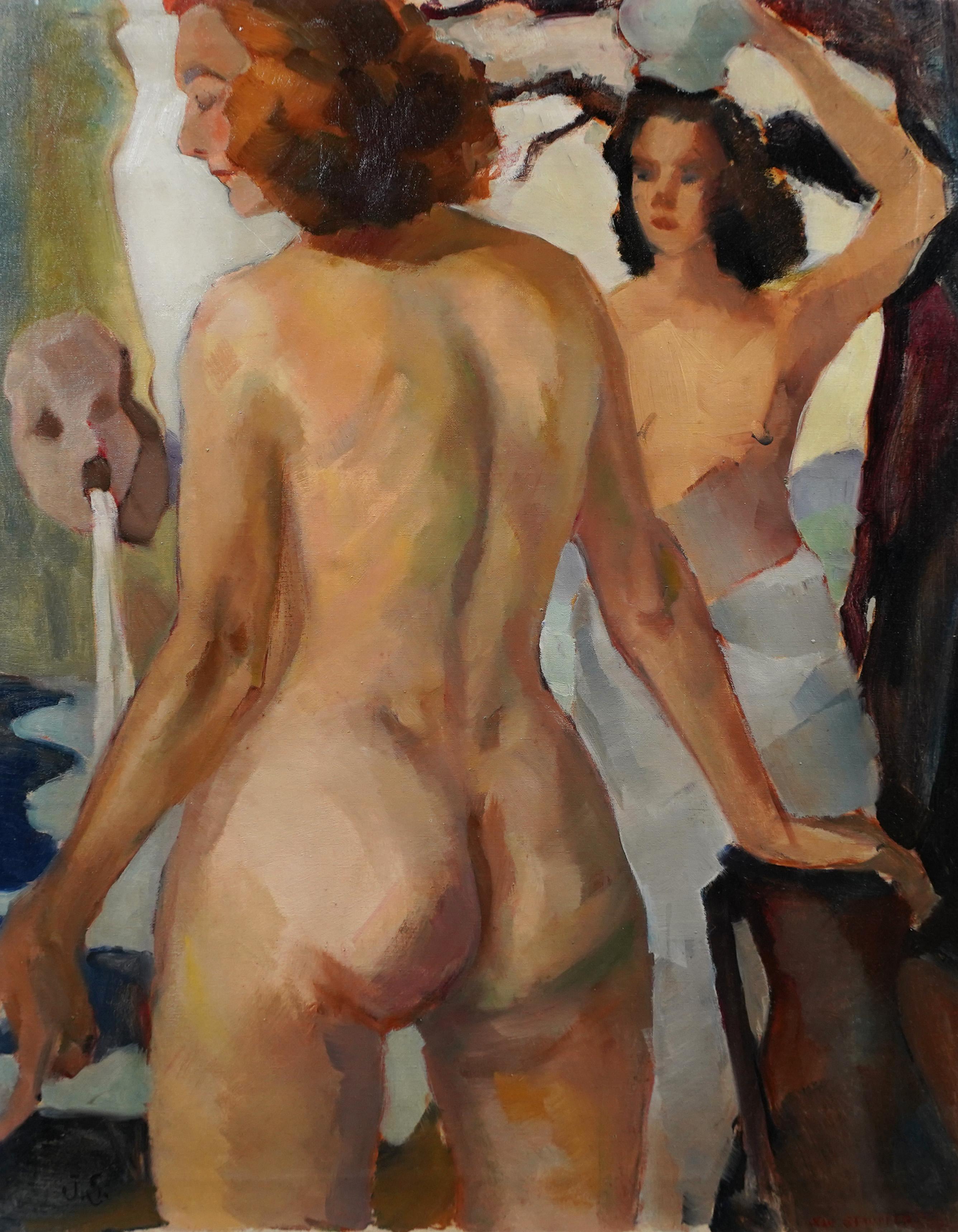 Vintage Paris School Nude Female Bathers Double Sided Impressionist Oil Painting For Sale 2