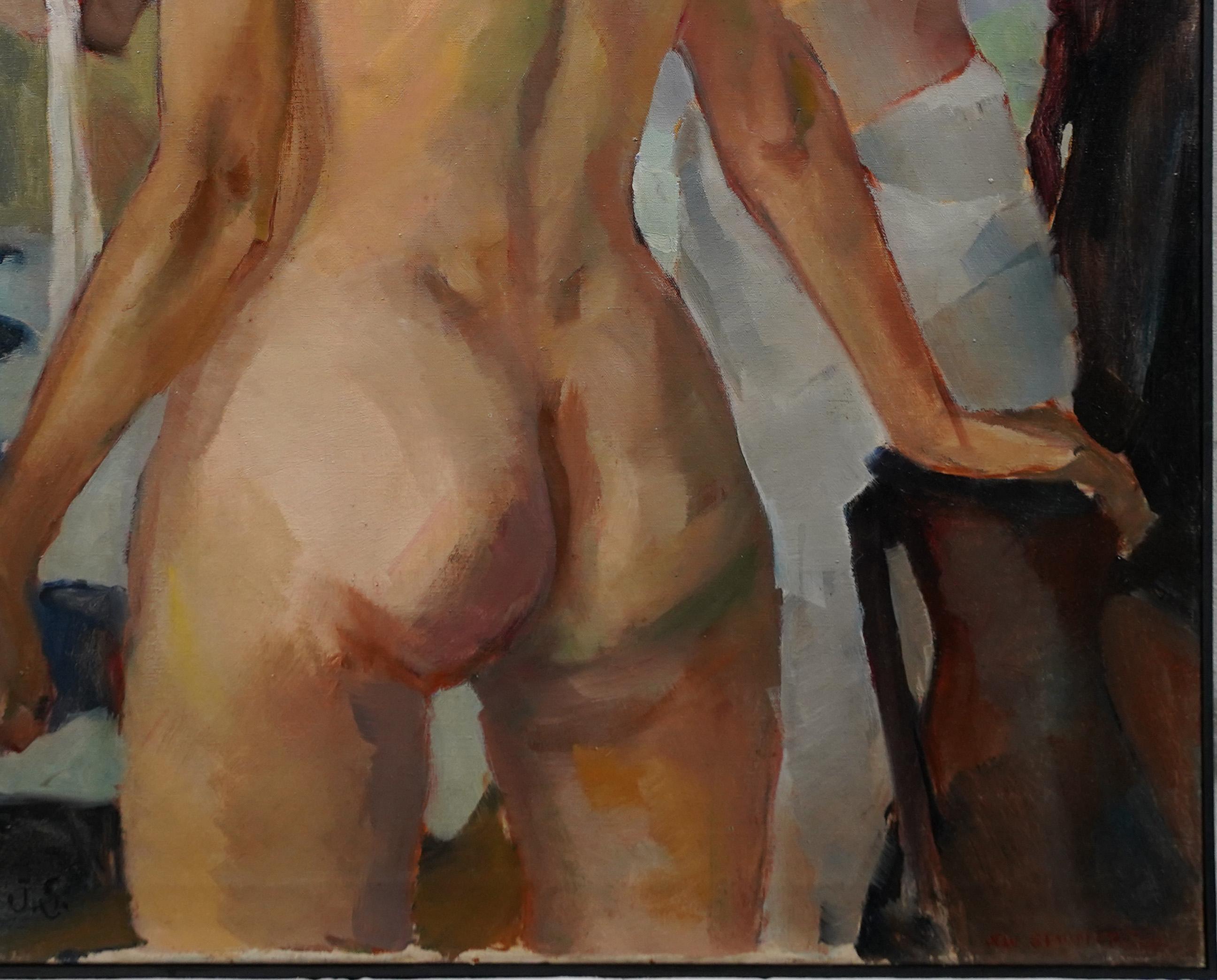 Vintage Paris School Nude Female Bathers Double Sided Impressionist Oil Painting For Sale 4