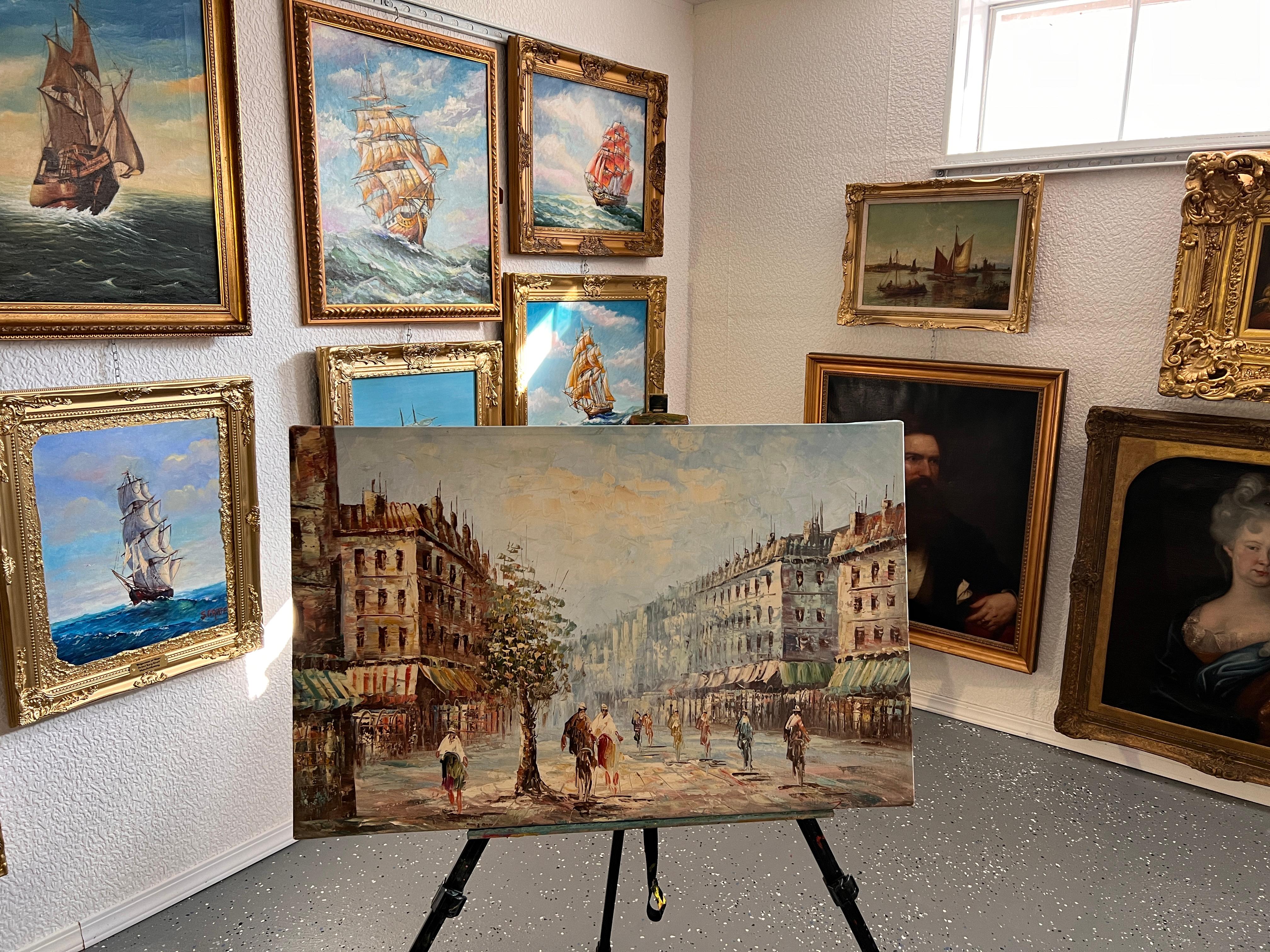 Vintage París Escena Callejera Pintura al Óleo Original sobre Lienzo 33 