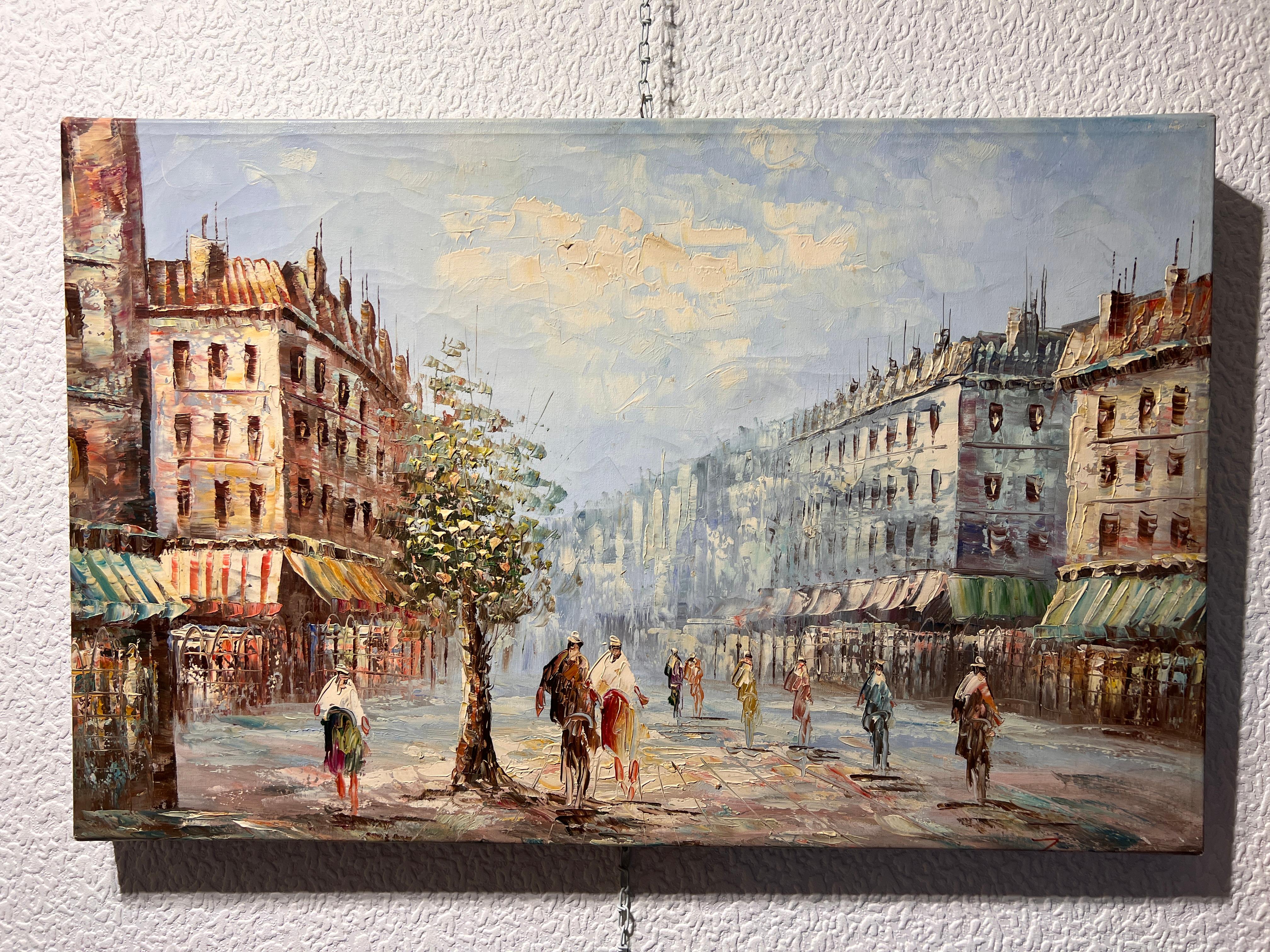 Vintage París Escena Callejera Pintura al Óleo Original sobre Lienzo 33 