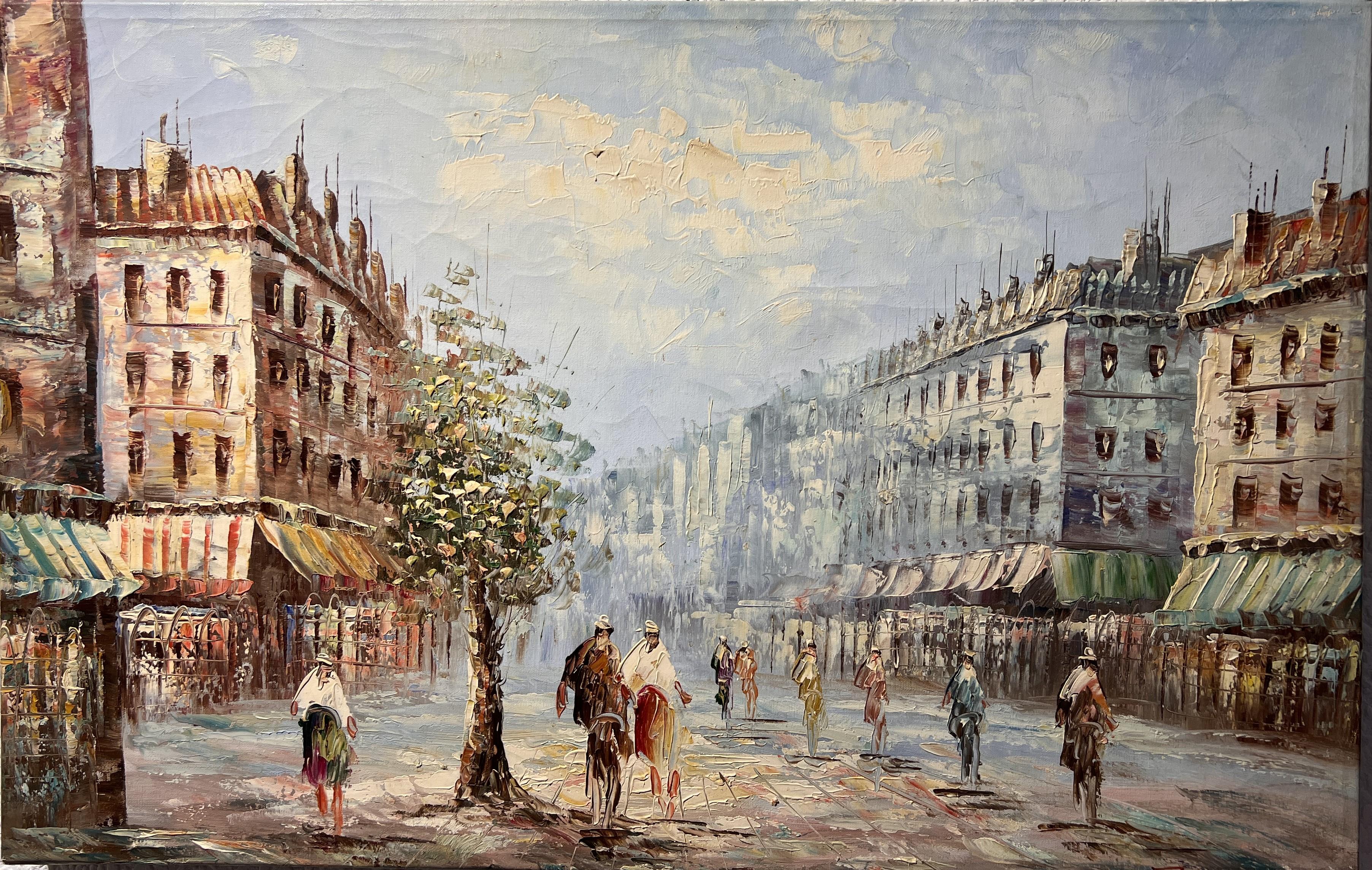 Landscape Painting de Unknown - Vintage París Escena Callejera Pintura al Óleo Original sobre Lienzo 33 "x21" Sin Marco