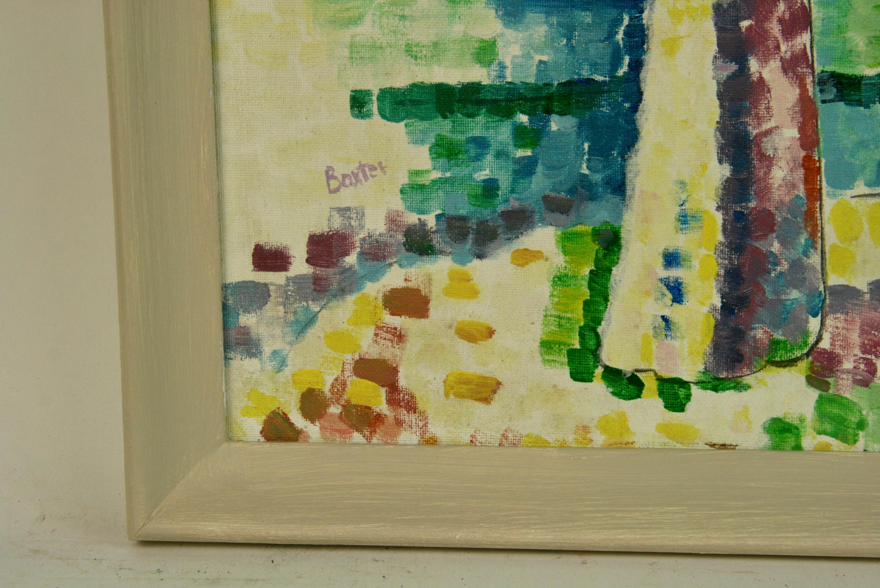 Vintage American  Pointillist Figurative Landscape Framed - Brown Figurative Painting by Unknown