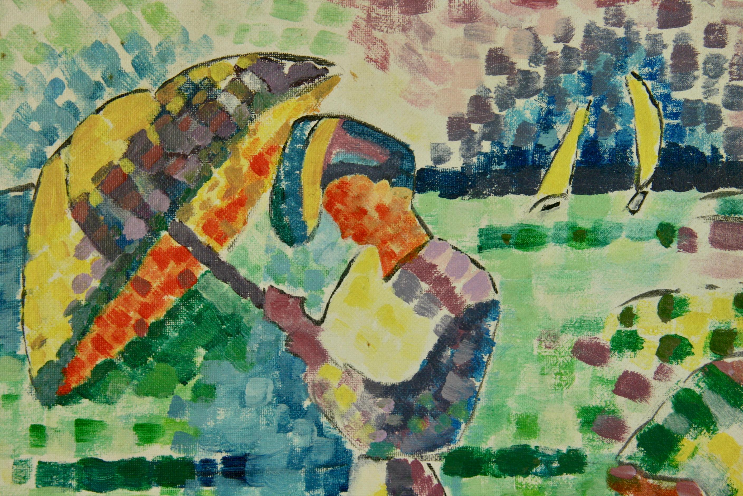 Vintage American  Pointillist Figurative Landscape Framed For Sale 1