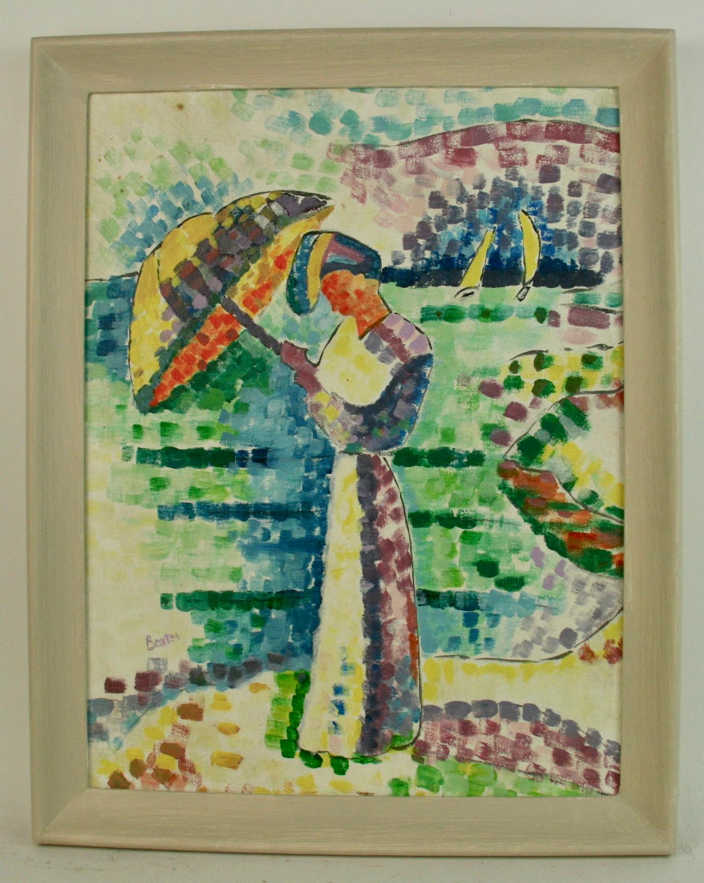 Vintage American  Pointillist Figurative Landscape Framed For Sale 2