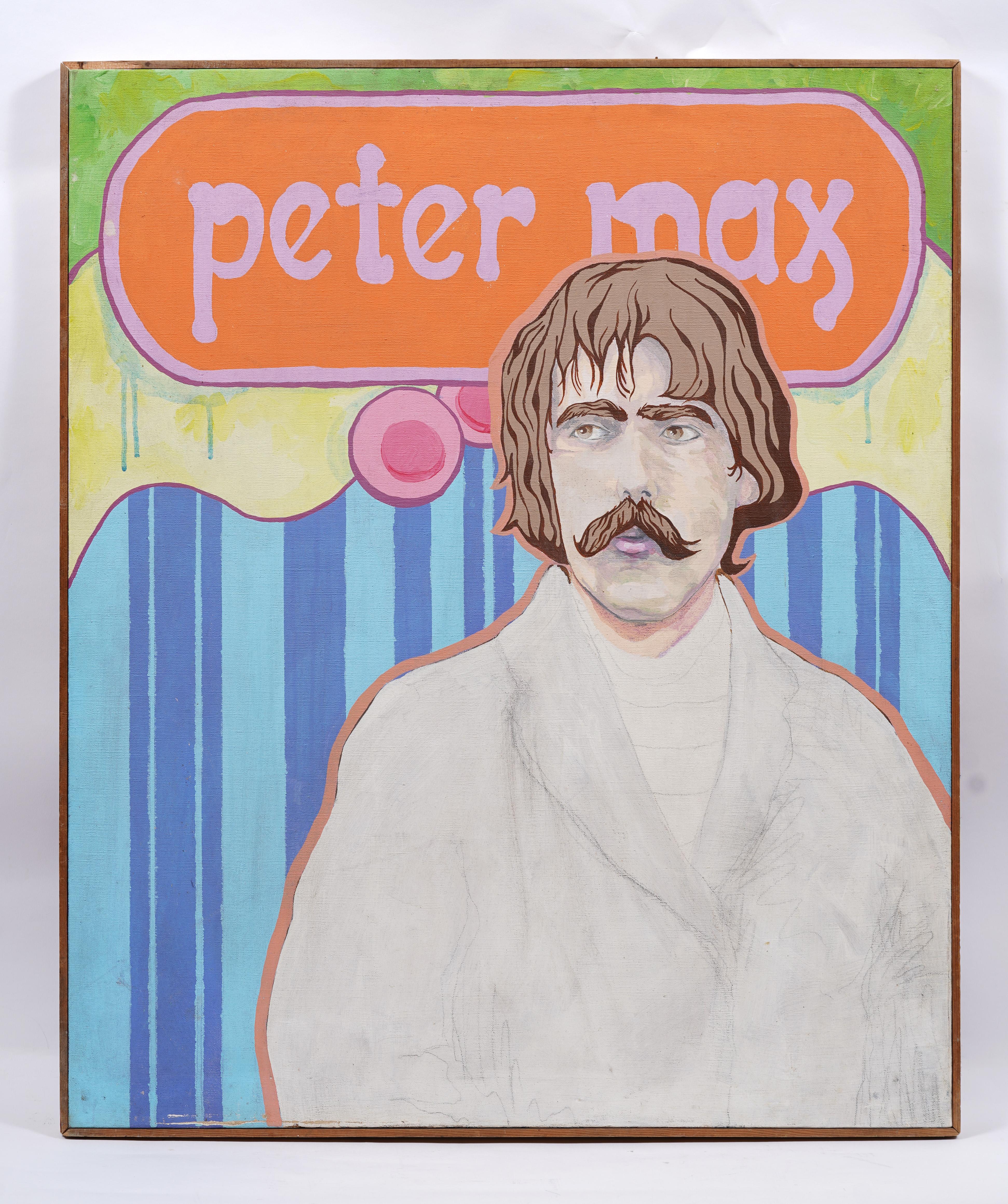 Vintage American modernist portrait of iconic artist Peter Max.  Unterschrieben.  Gerahmt.  Original Öl auf Leinwand.