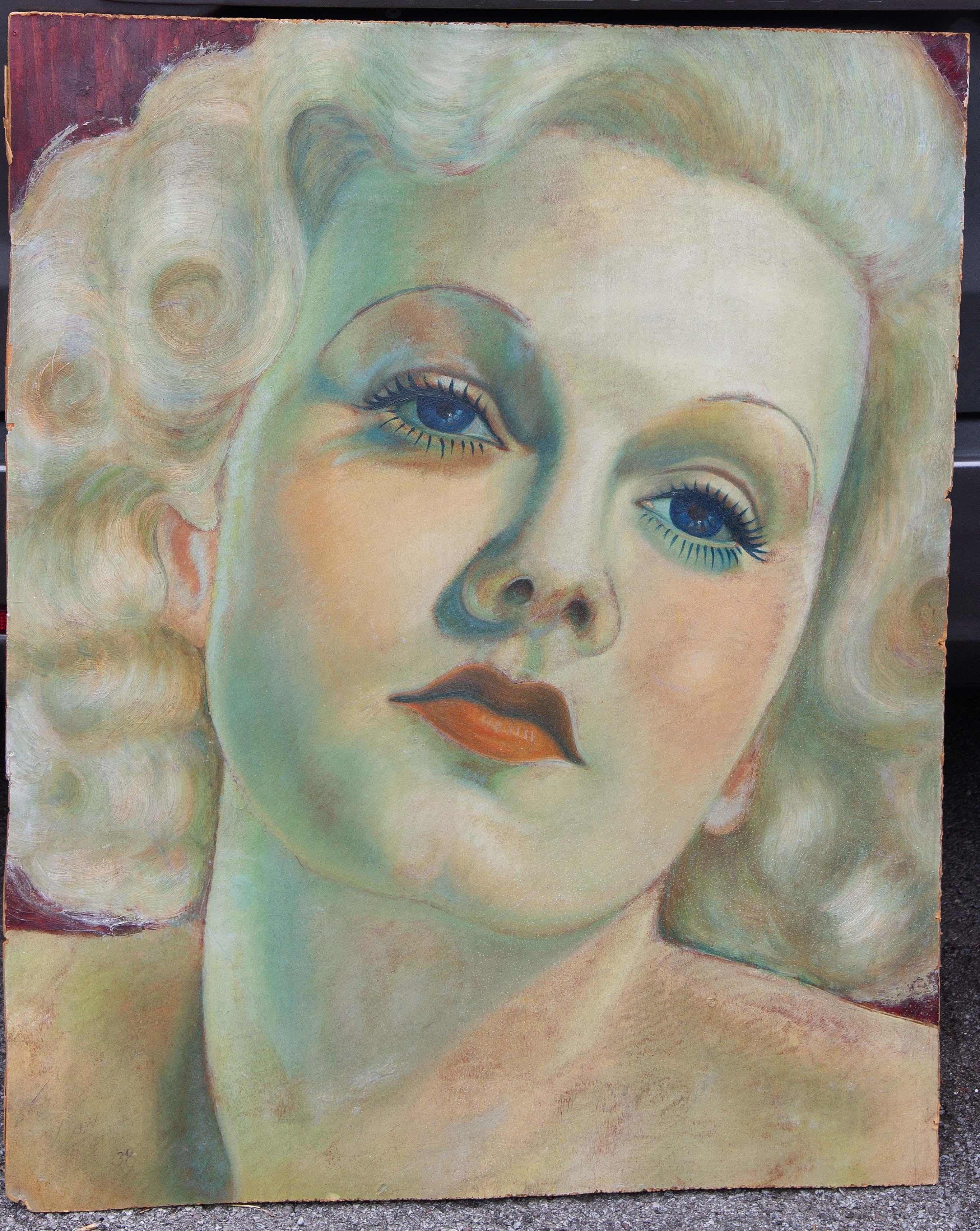 Unknown Figurative Painting - Vintage Portrait Painting of Jean Harlow Dated 1938 Hollywood Regency 