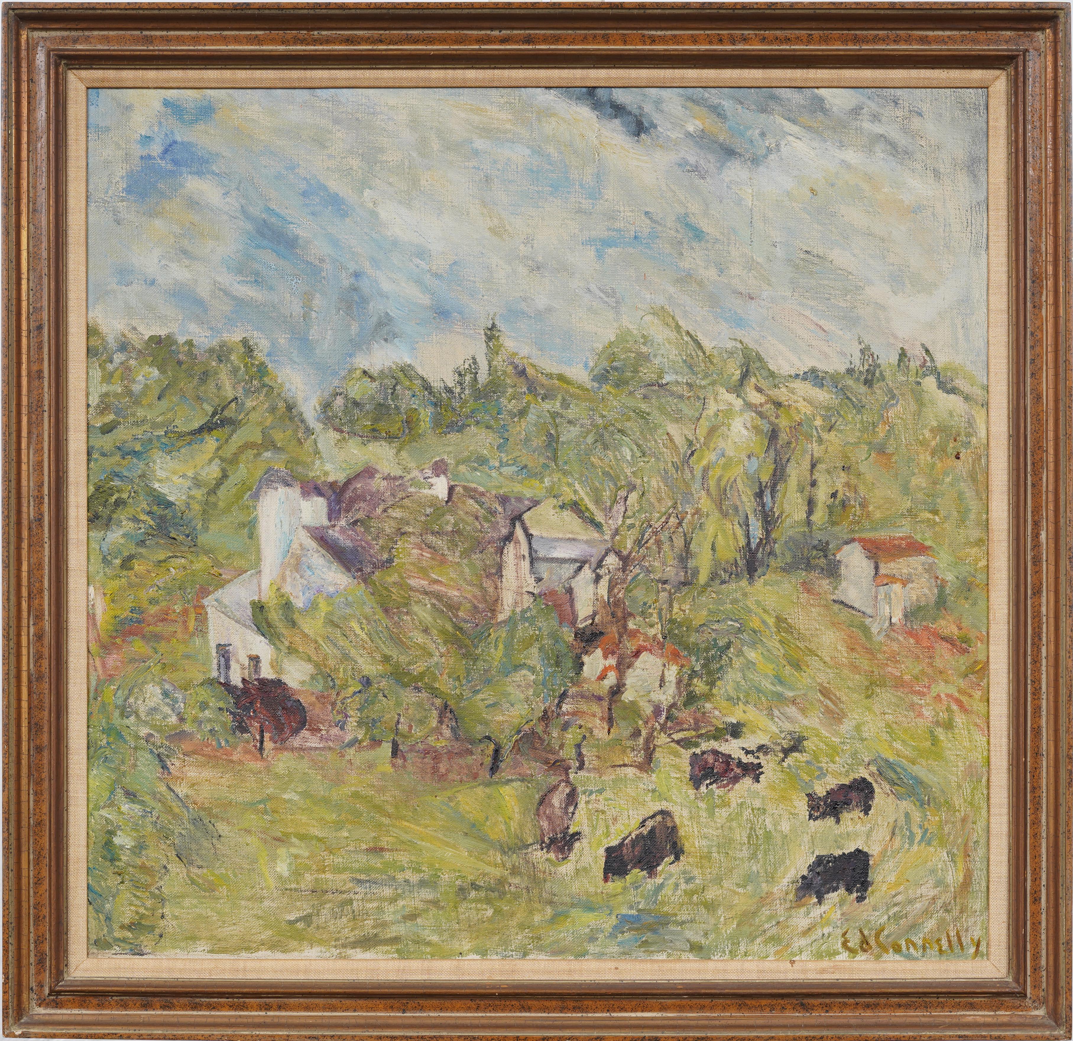Vintage Post Impressionist American School Modernist Cow Grazing Oil Painting (peinture à l'huile post-impressionniste de l'école américaine) - Marron Landscape Painting par Unknown