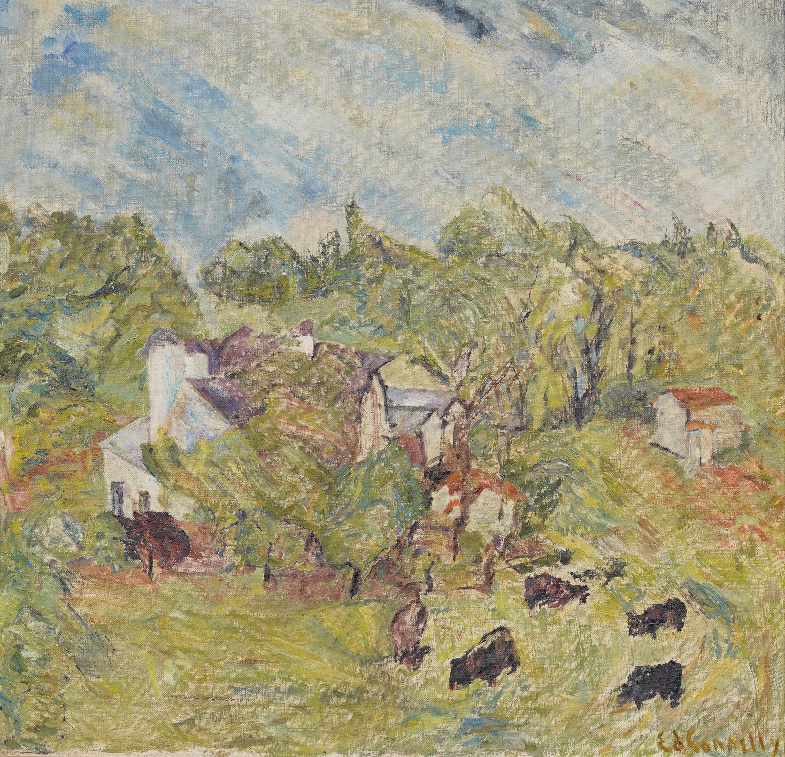 Peinture à l'huile de paysage post impressionniste vintage. Huile sur toile.   Encadré. Signé.  En excellent état d'origine. Joliment encadrée dans un  moulures en bois.  Excellent état, prêt à être accroché et apprécié. 