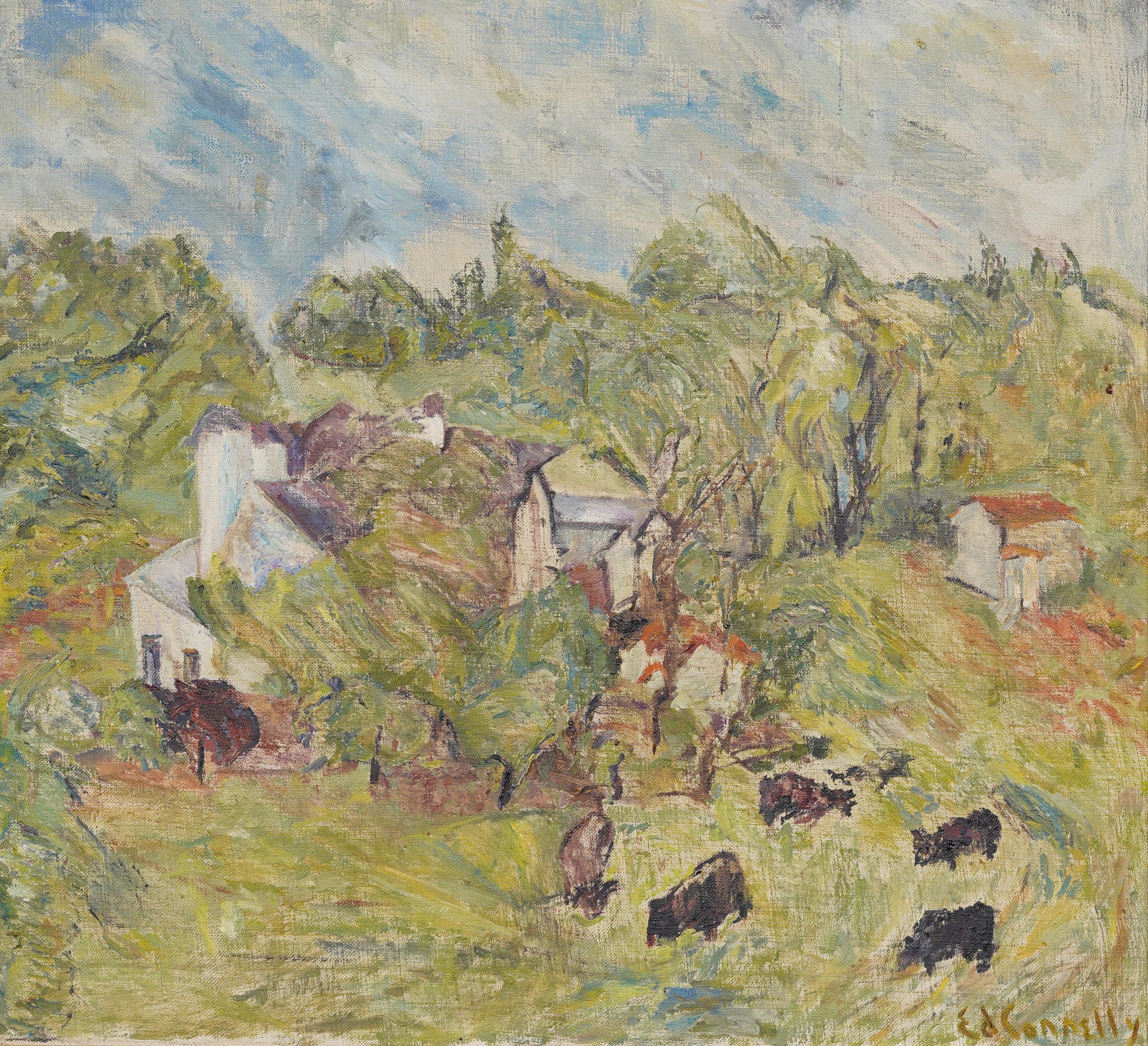 Vintage Post Impressionist American School Modernist Cow Grazing Oil Painting (peinture à l'huile post-impressionniste de l'école américaine) en vente 1