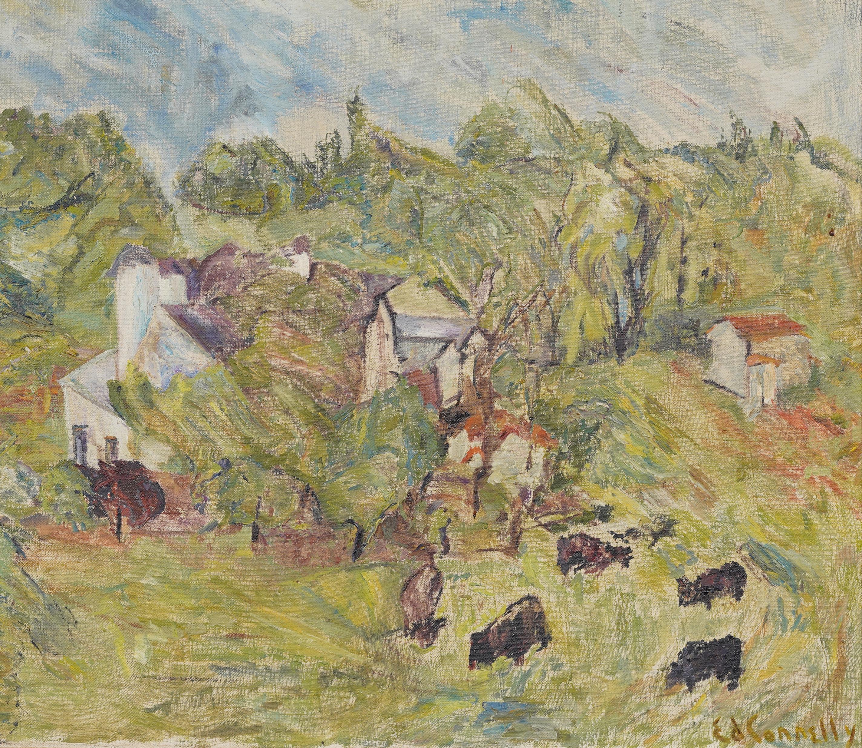 Vintage Post Impressionist American School Modernist Cow Grazing Oil Painting (peinture à l'huile post-impressionniste de l'école américaine) en vente 2