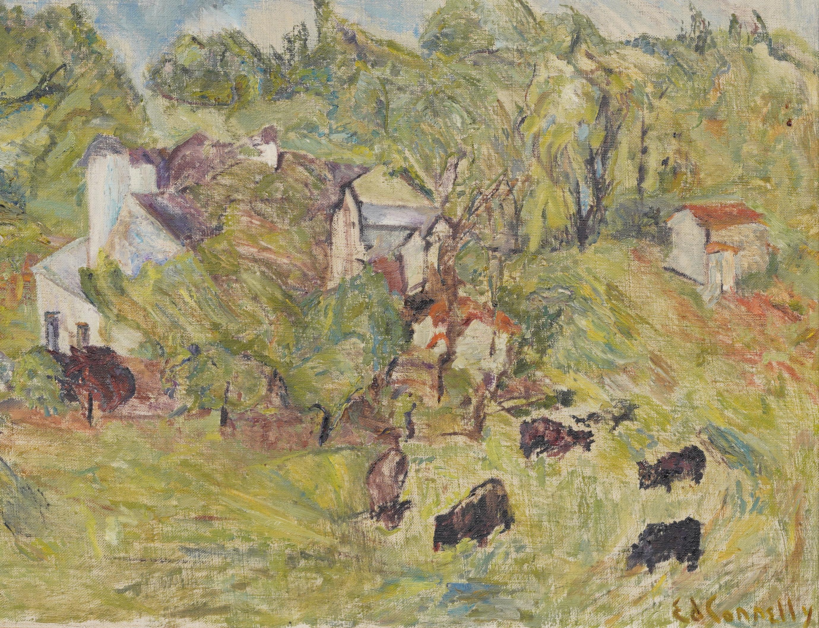 Vintage Post Impressionist American School Modernist Cow Grazing Oil Painting (peinture à l'huile post-impressionniste de l'école américaine) en vente 3