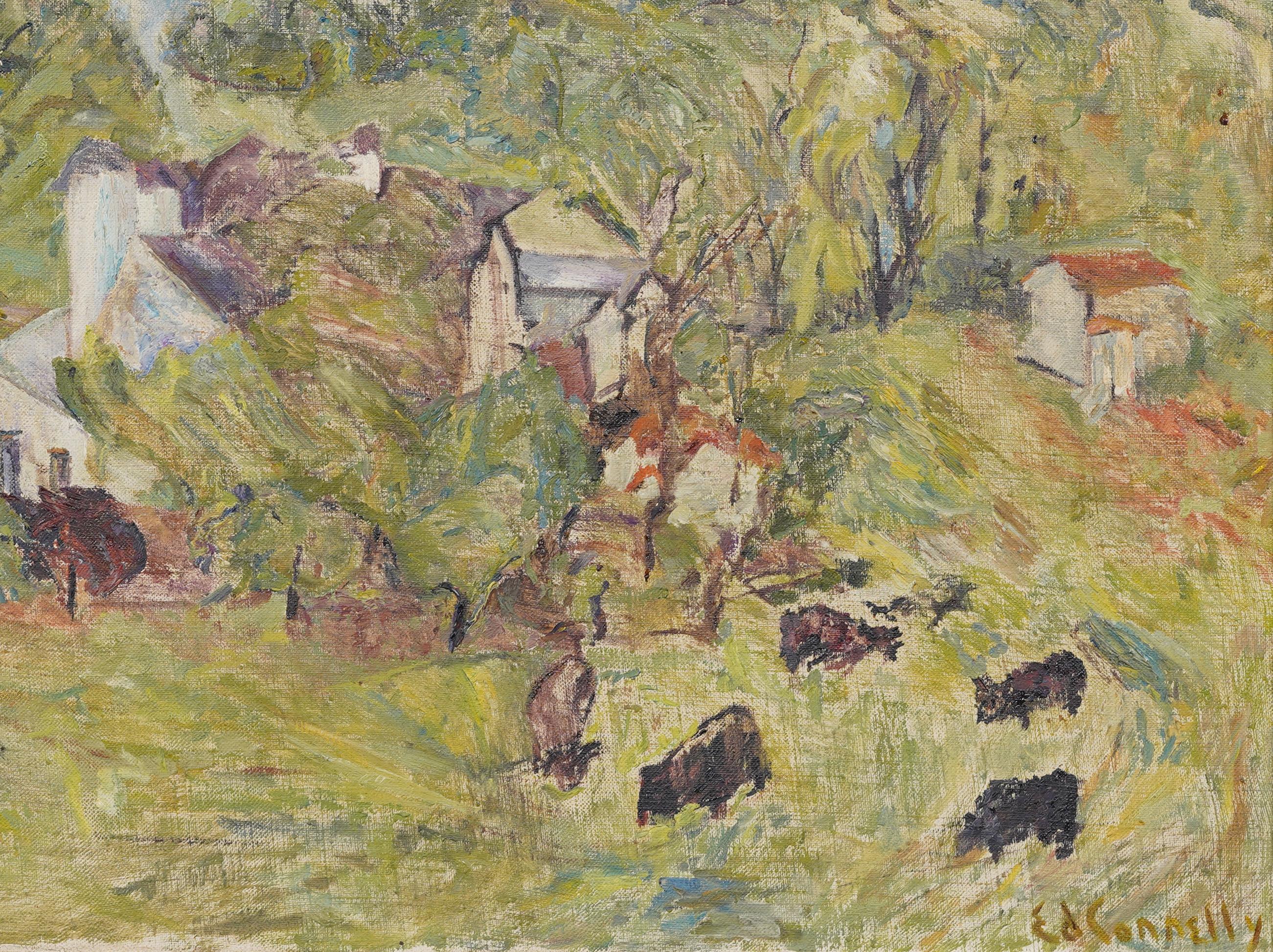 Vintage Post Impressionist American School Modernist Cow Grazing Oil Painting (peinture à l'huile post-impressionniste de l'école américaine) en vente 4