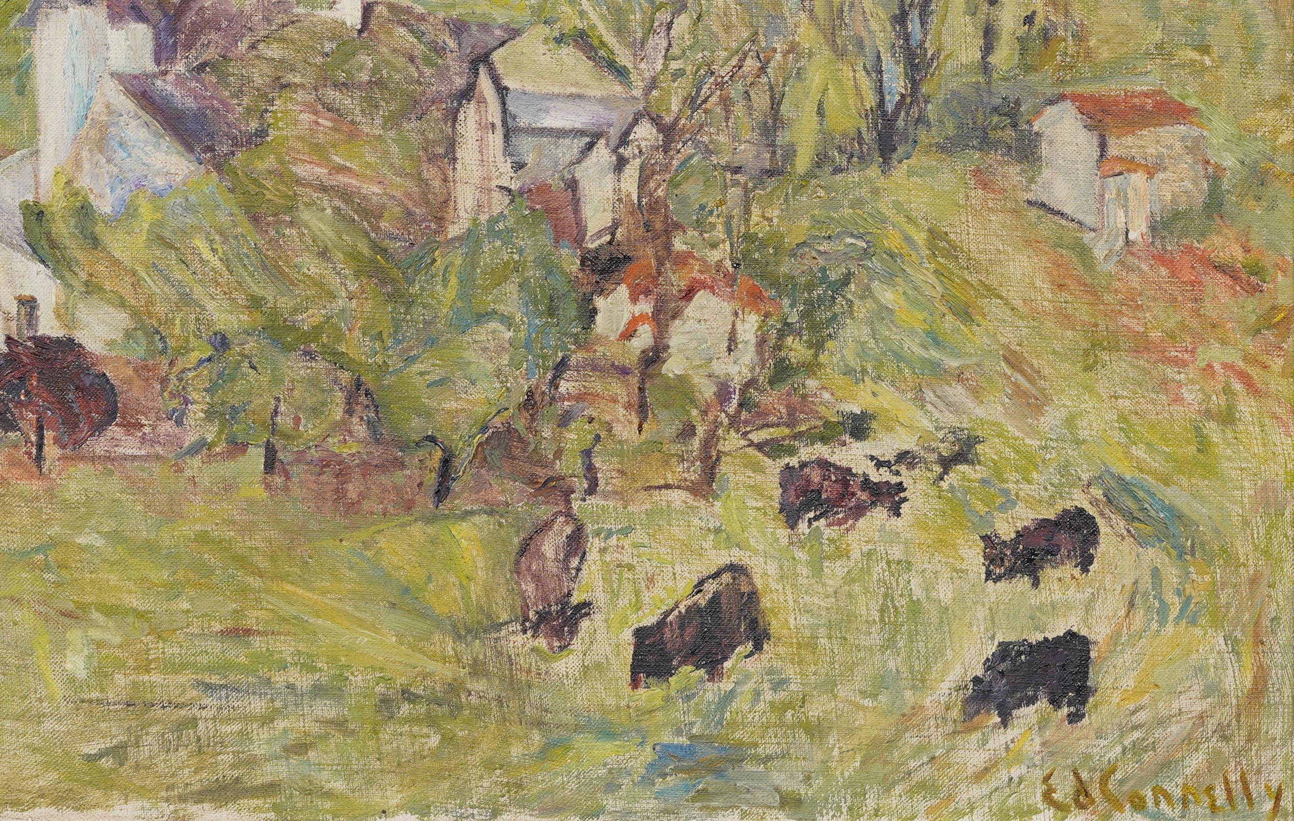 Vintage Post Impressionist American School Modernist Cow Grazing Oil Painting (peinture à l'huile post-impressionniste de l'école américaine) en vente 5