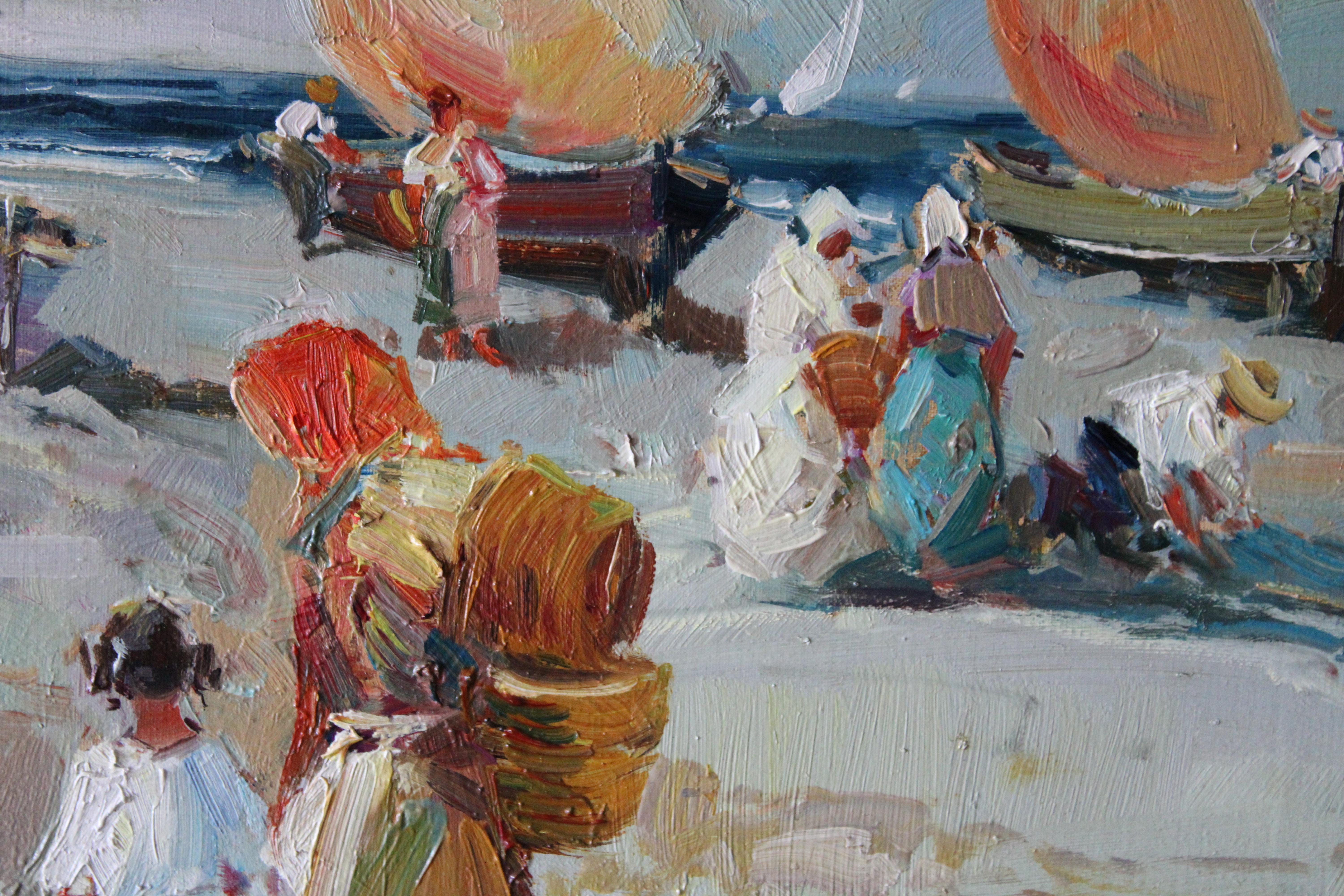 Paesaggio marino figurativo post-impressionista d'epoca con oceano e imbarcazioni in vendita 1