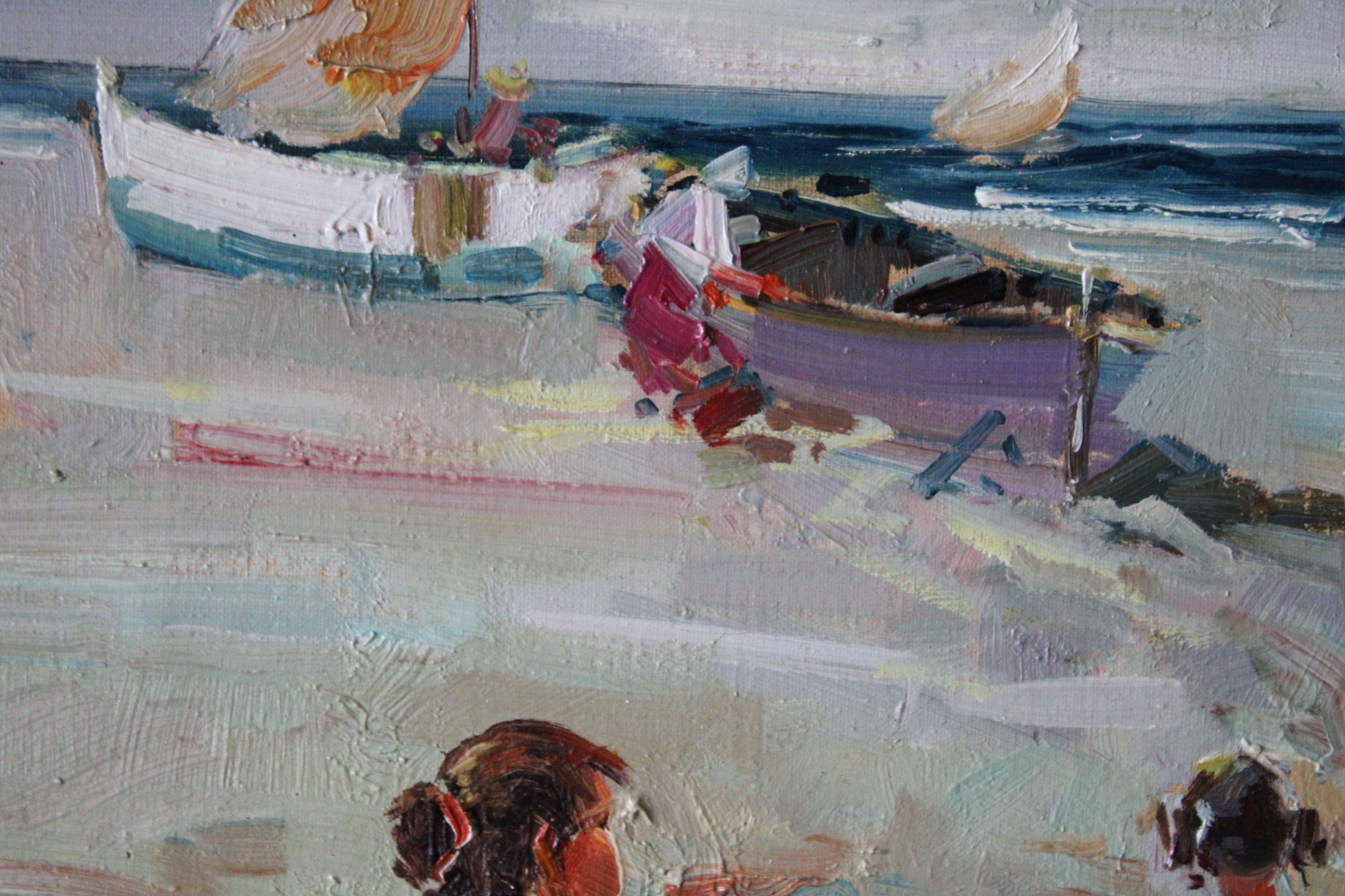 Paesaggio marino figurativo post-impressionista d'epoca con oceano e imbarcazioni in vendita 2