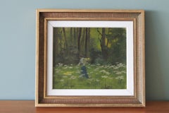 Vintage post impressionist oil painting of a woman collecting flowers