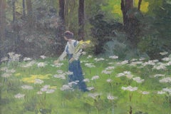 Vintage post impressionist oil painting of a woman collecting flowers