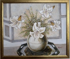 Vintage Ramon Textured Floral Still Life Painting Lilies Framed Canvas Art