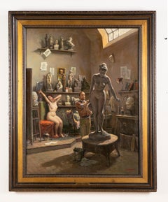 Vintage Realist Artist Studio Nude Portrait Sculpture Original Signed Painting