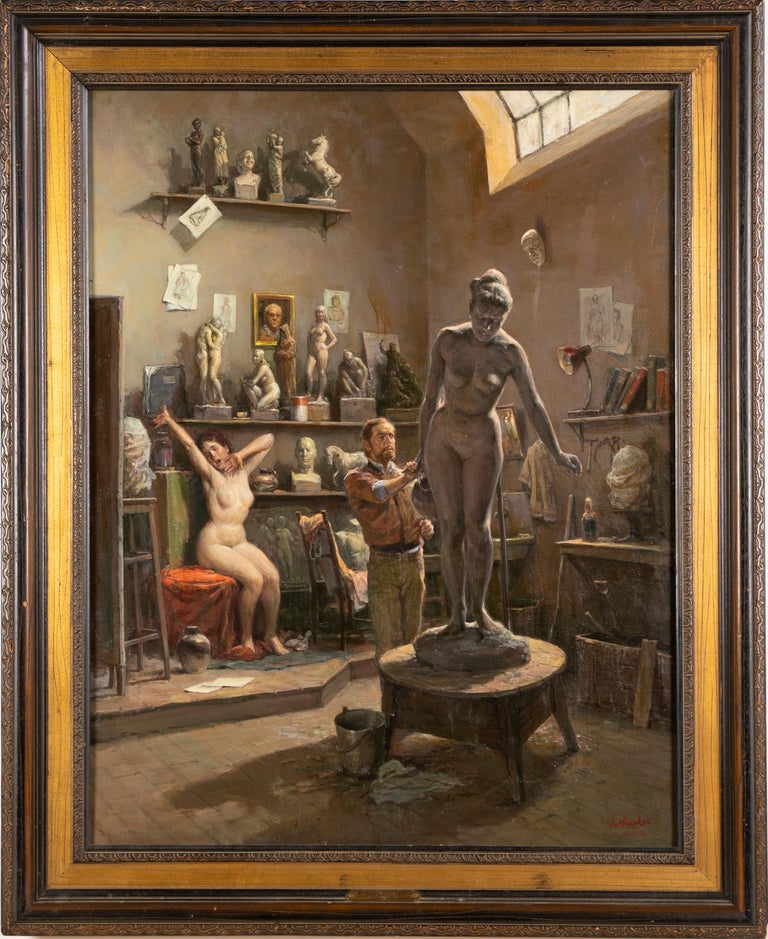 Antique European school signed artist studio painting.  Oil on canvas, circa 1982.  Signed.  Image size, 28L x 36H.  Housed in a period  modern frame.

