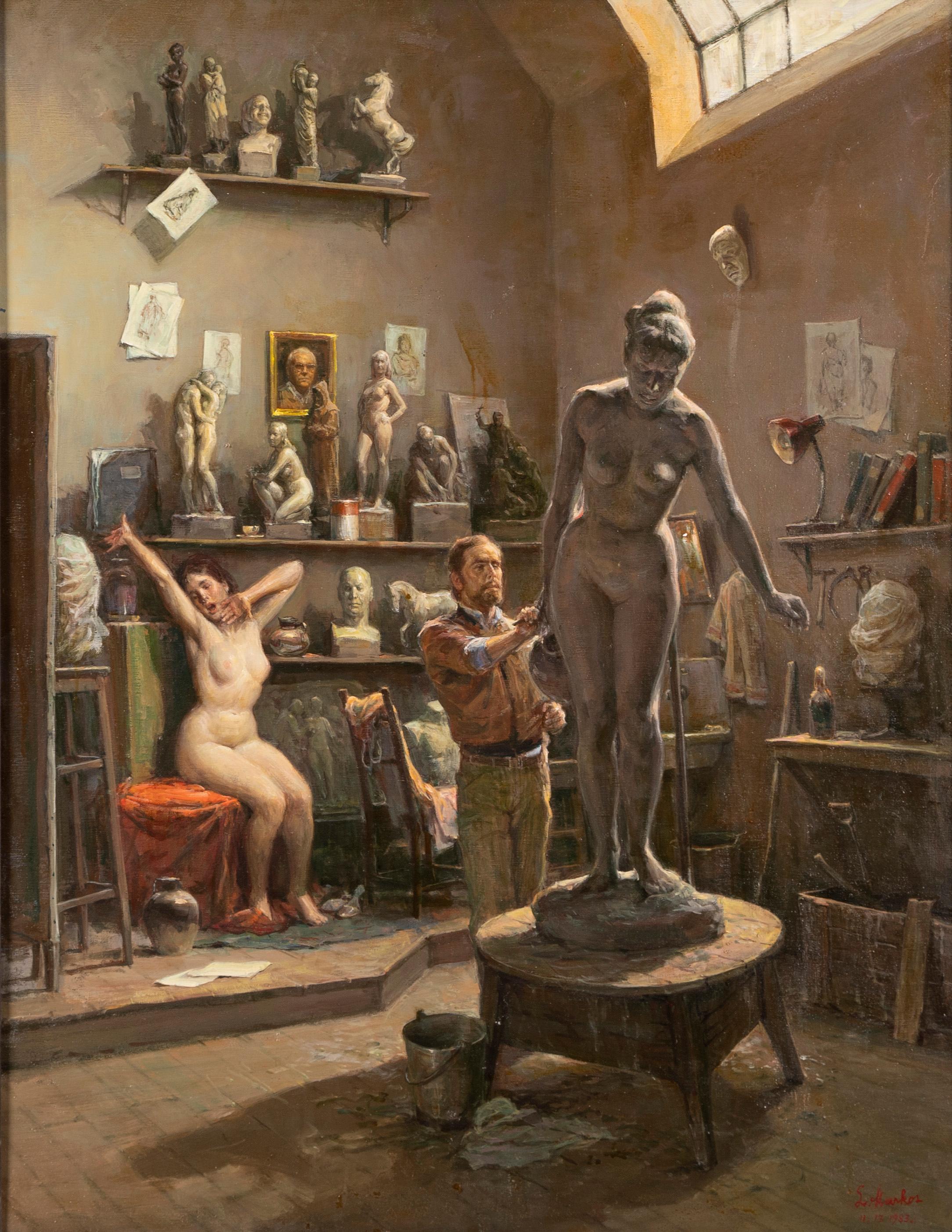 Vintage Realist Artist Studio Nude Portrait Sculpture Original Signed Painting 1