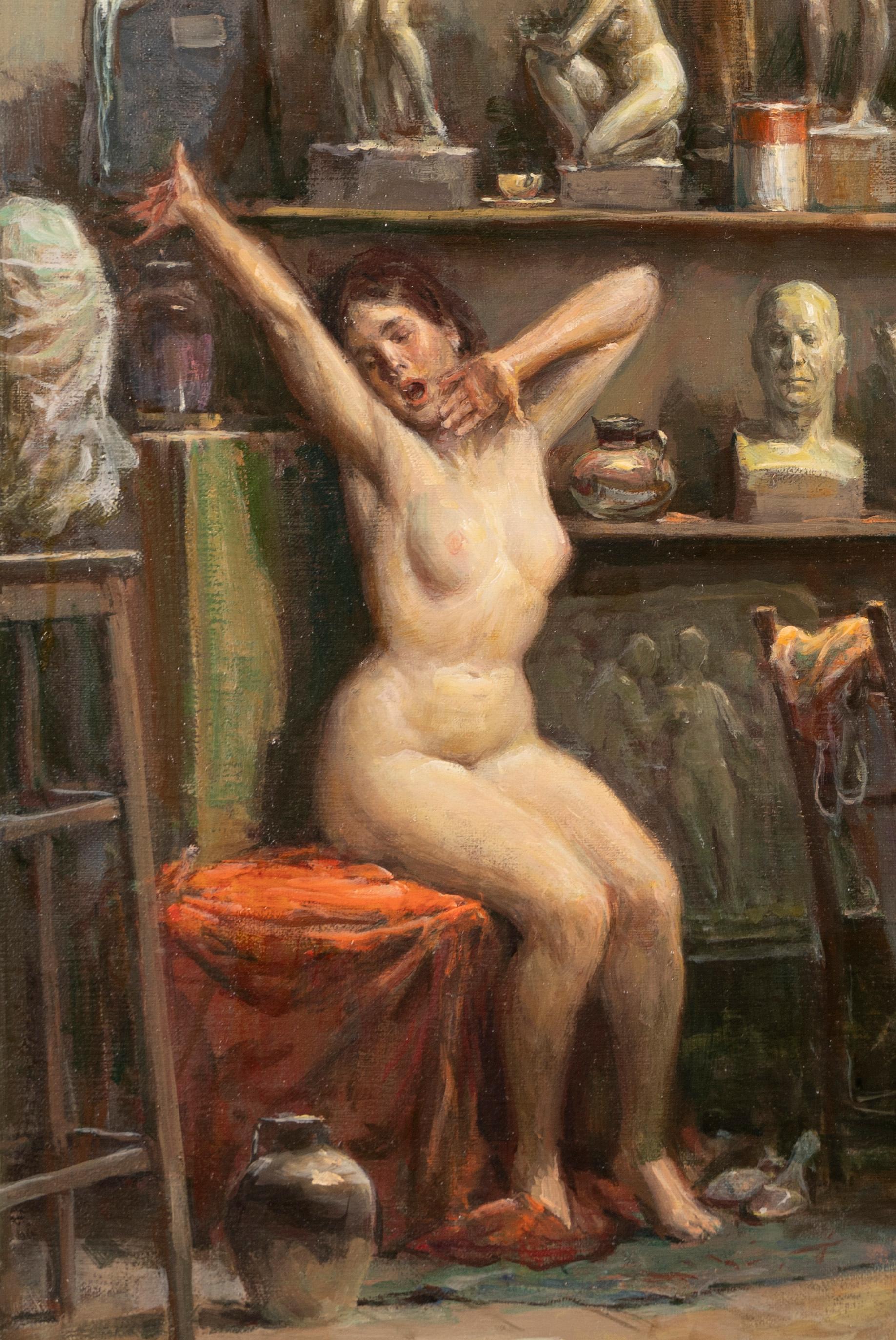 Vintage Realist Artist Studio Nude Portrait Sculpture Original Signed Painting 2