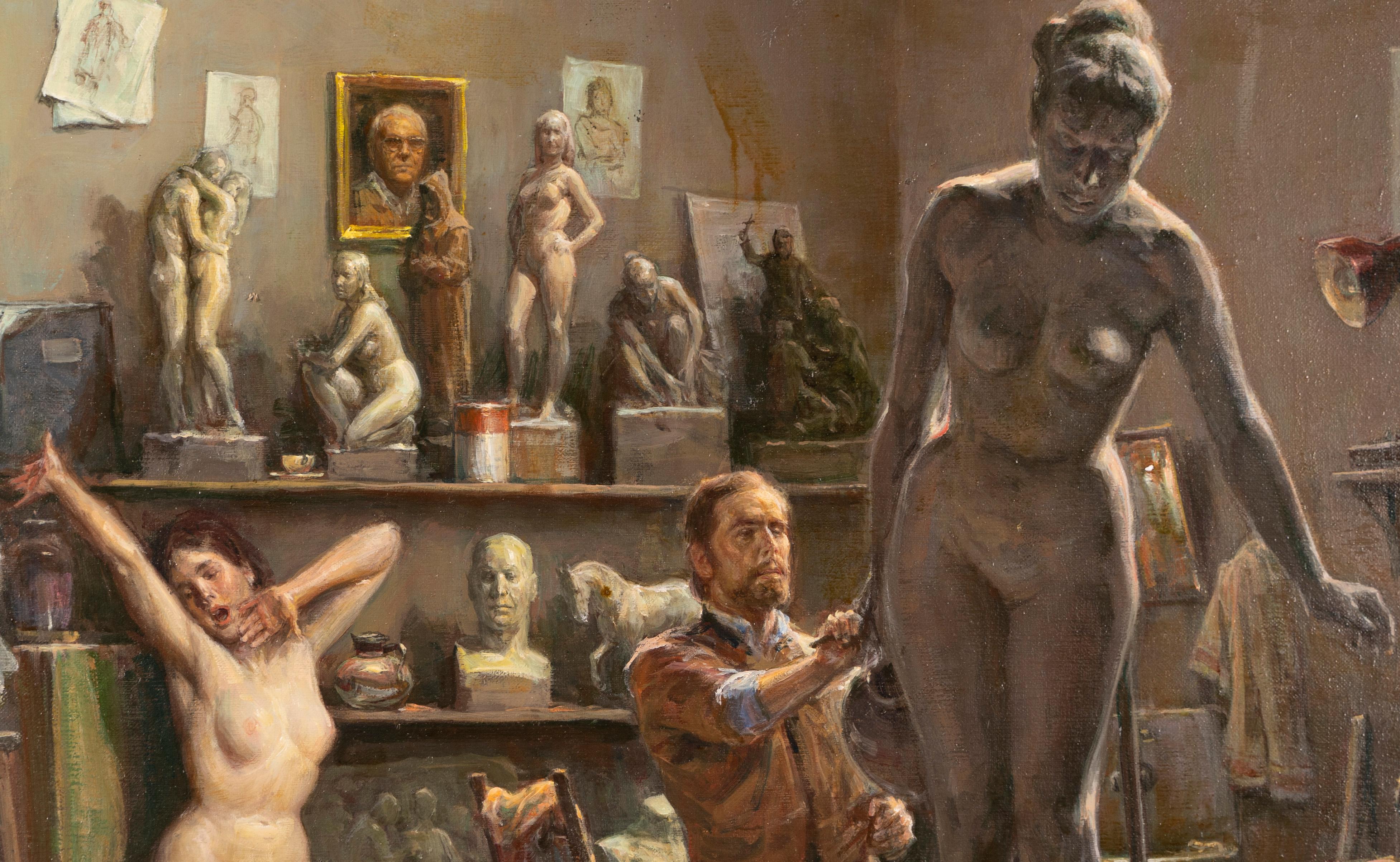 Vintage Realist Artist Studio Nude Portrait Sculpture Original Signed Painting 3