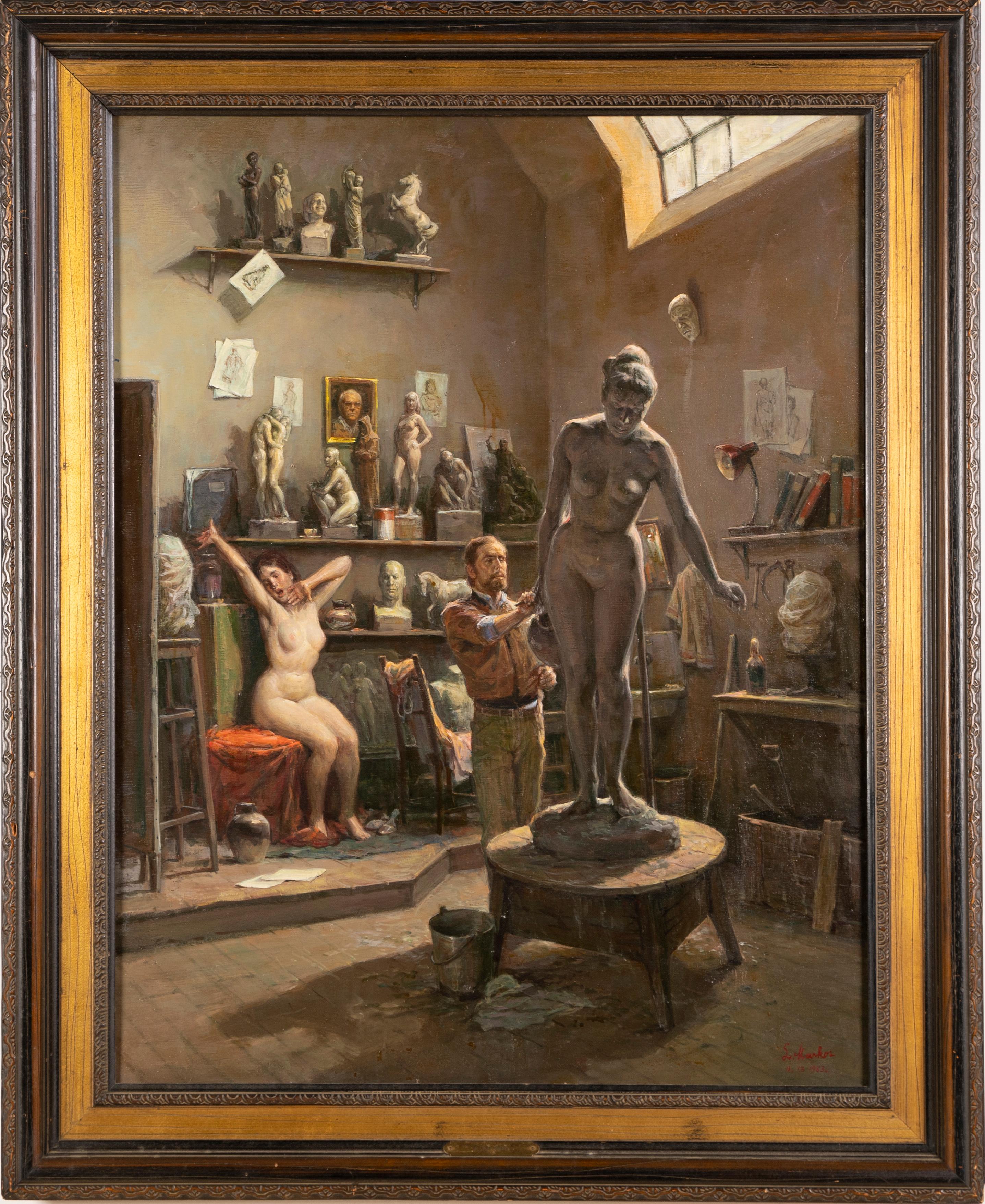 Unknown Interior Painting - Vintage Realist Artist Studio Nude Portrait Sculpture Original Signed Painting
