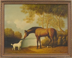 Vintage Realist Landscape with Horse and Dog Framed Oil Painting