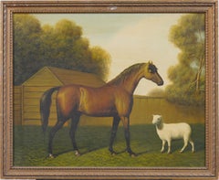 Vintage Realist Landscape with Horse and Sheep Framed Oil Painting
