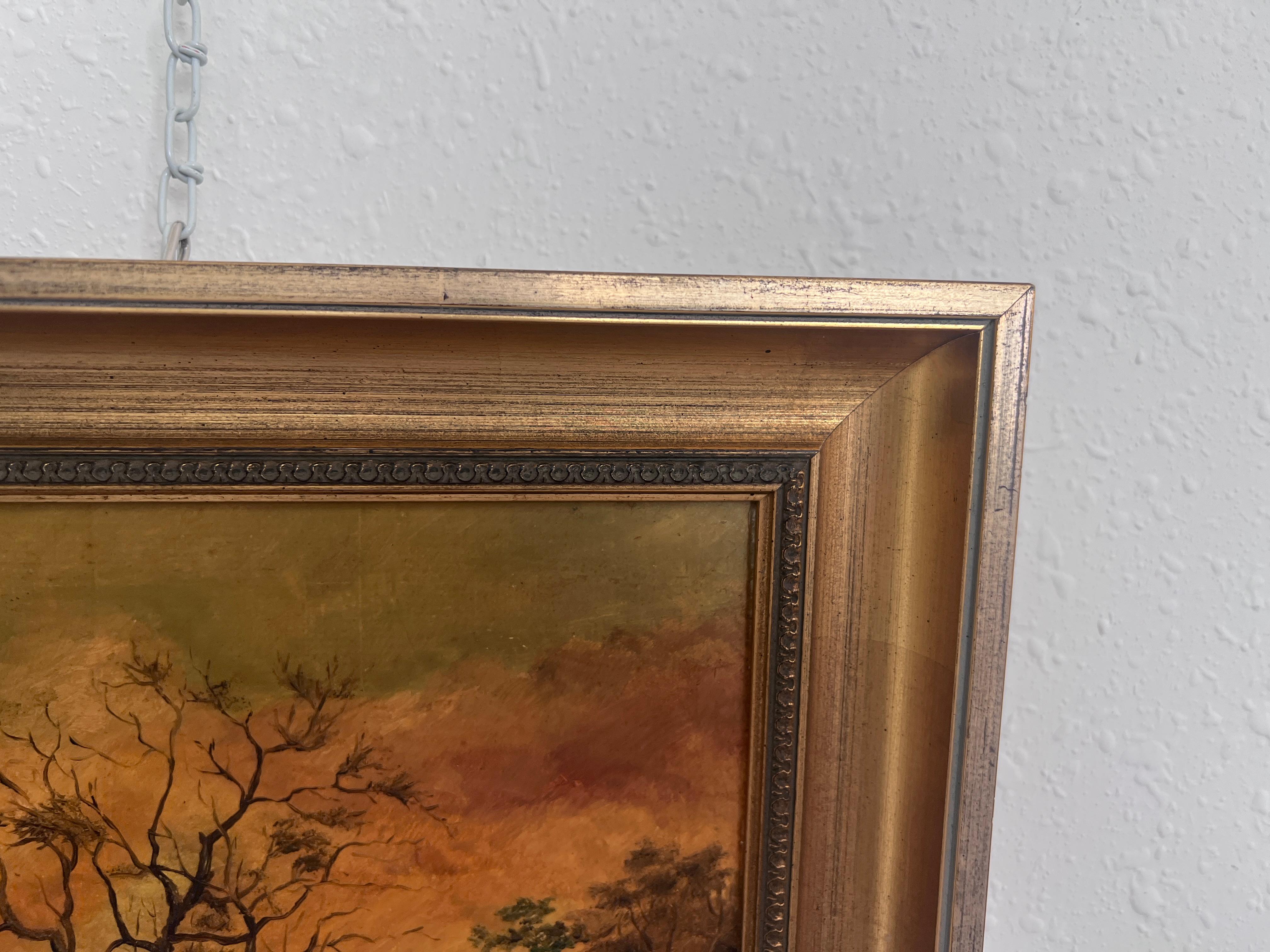Pittura a olio su pannello con paesaggio romantico d'epoca, firmata G. Holman, incorniciata in vendita 1