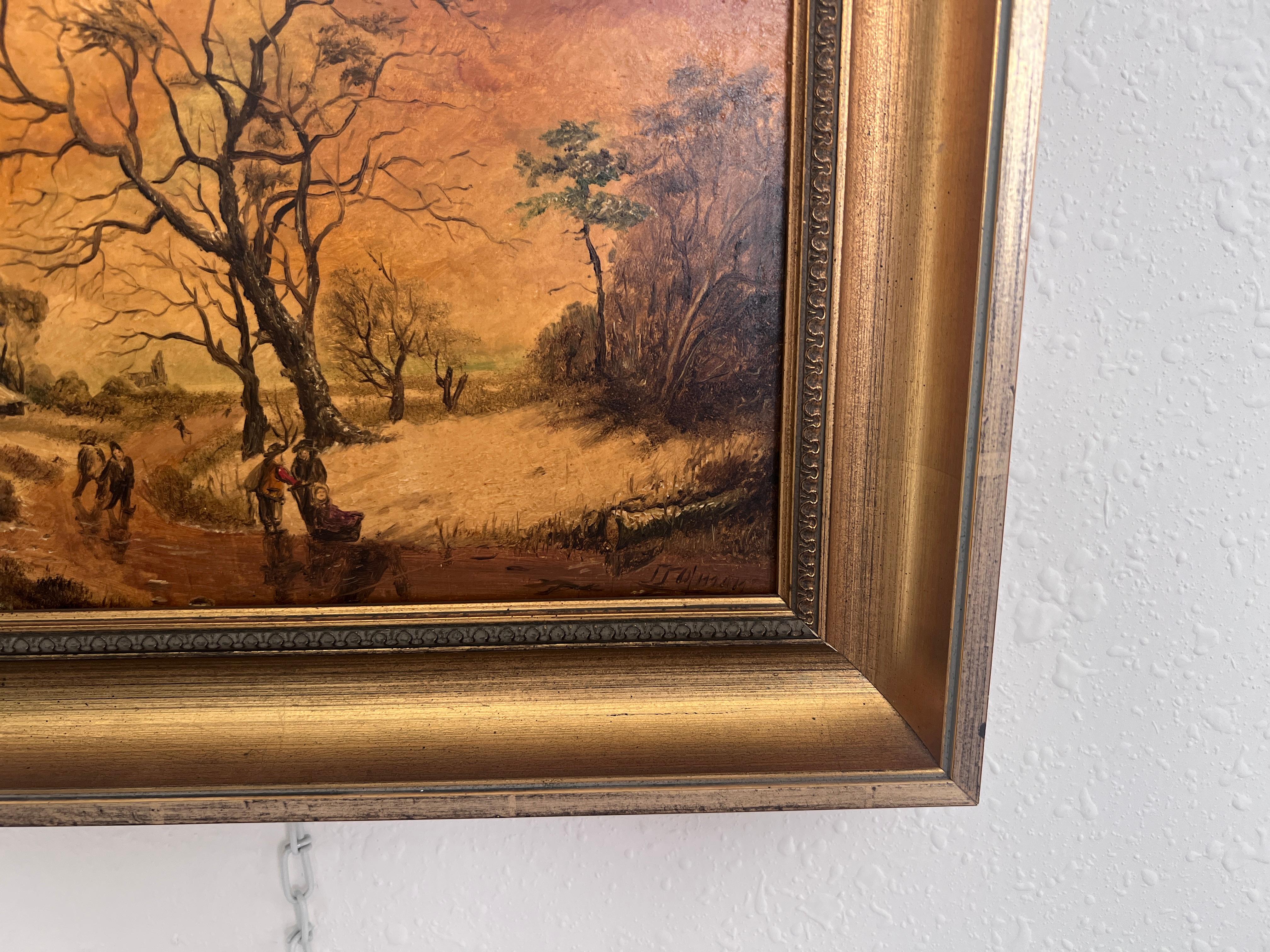 Pittura a olio su pannello con paesaggio romantico d'epoca, firmata G. Holman, incorniciata in vendita 2