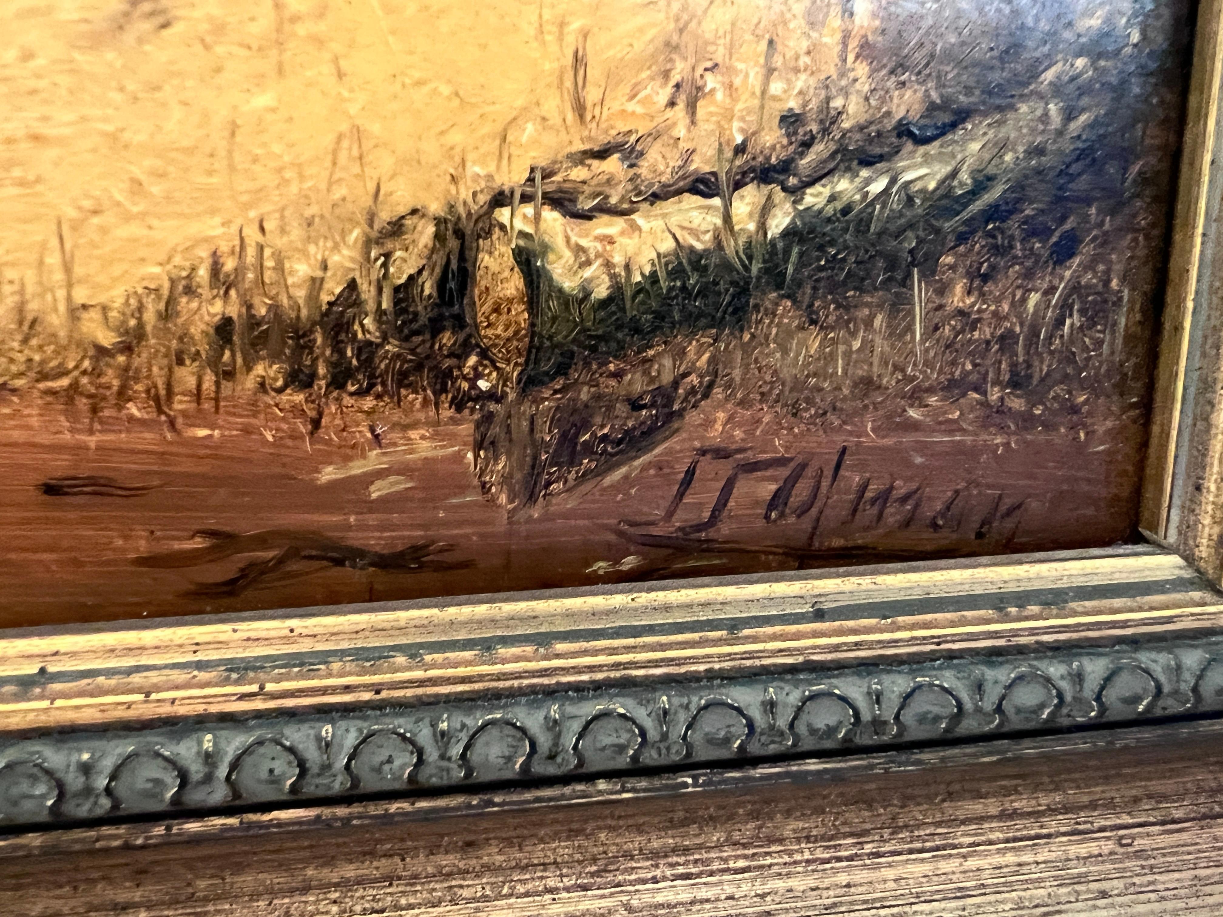 Pittura a olio su pannello con paesaggio romantico d'epoca, firmata G. Holman, incorniciata in vendita 4
