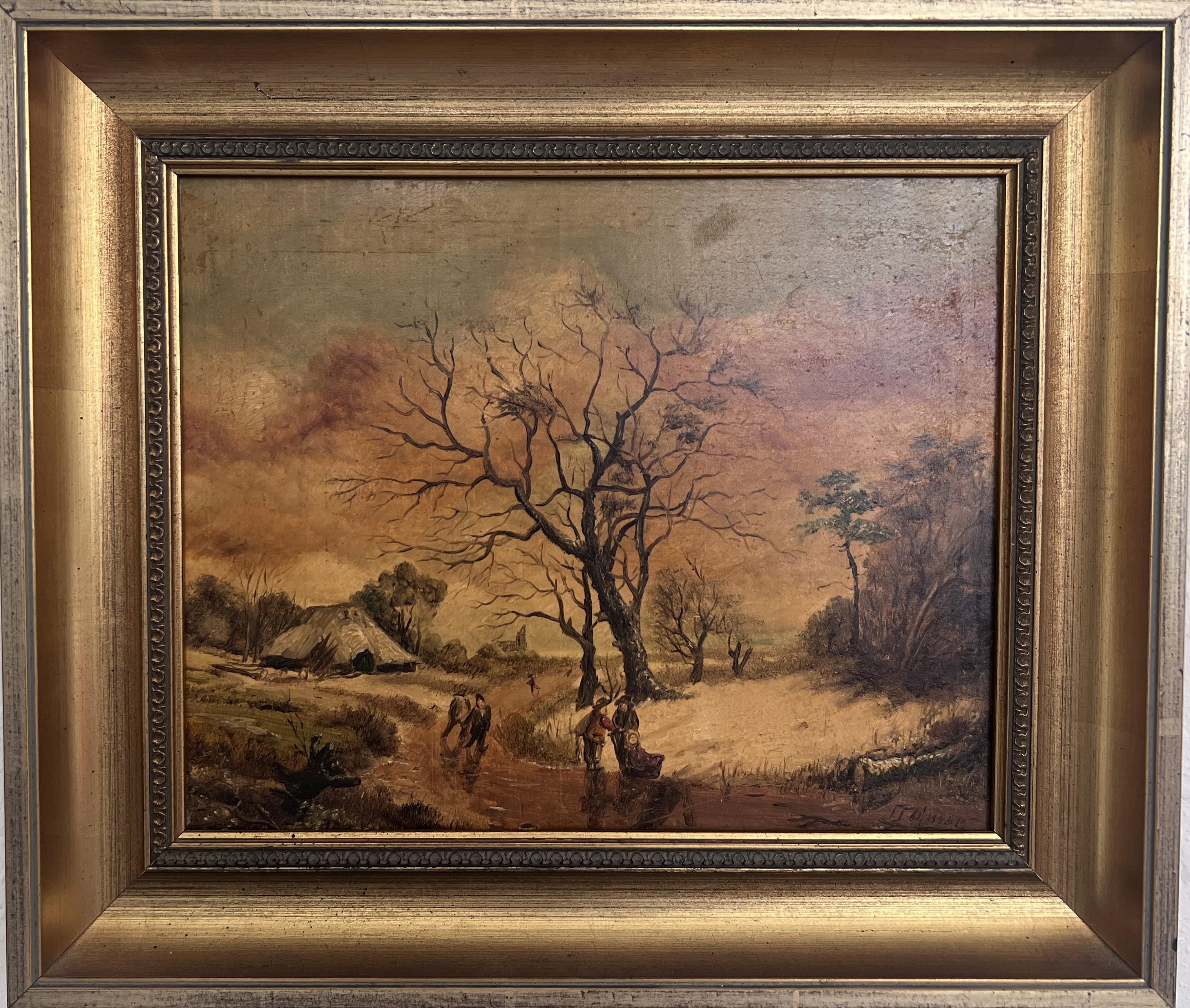 Romantische Landschaft, Ölgemälde auf Tafel, signiert G. Holman, gerahmt, Vintage