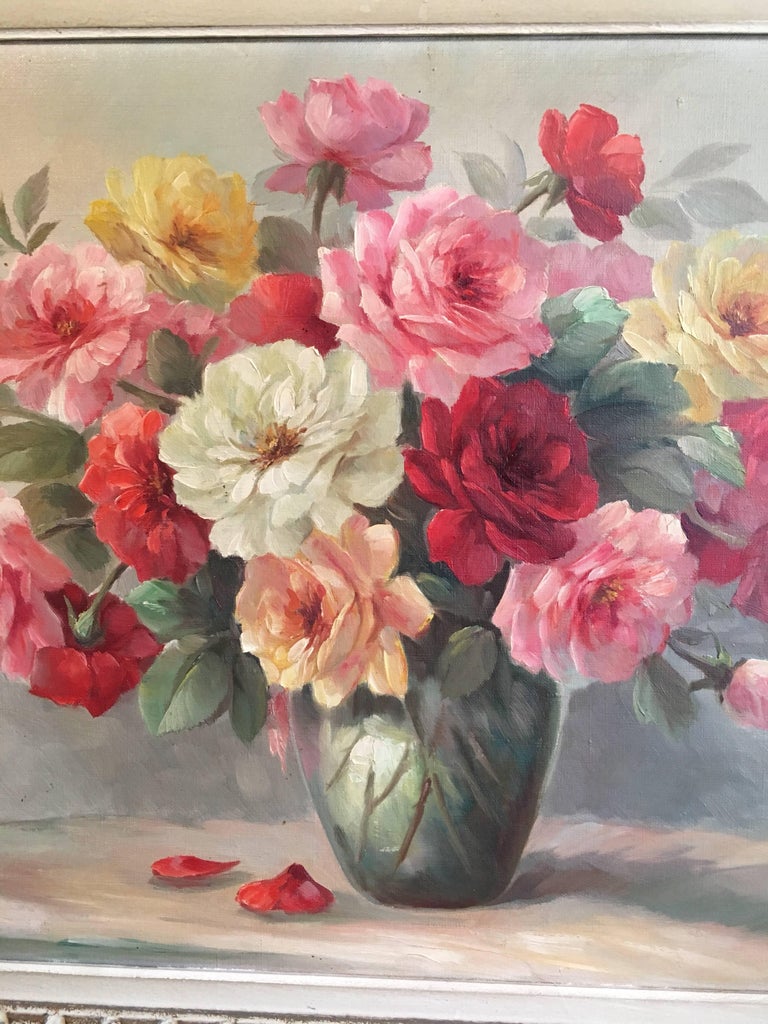 Unknown Vintage Roses Large French Shabby Chic Oil Painting At 1stdibs