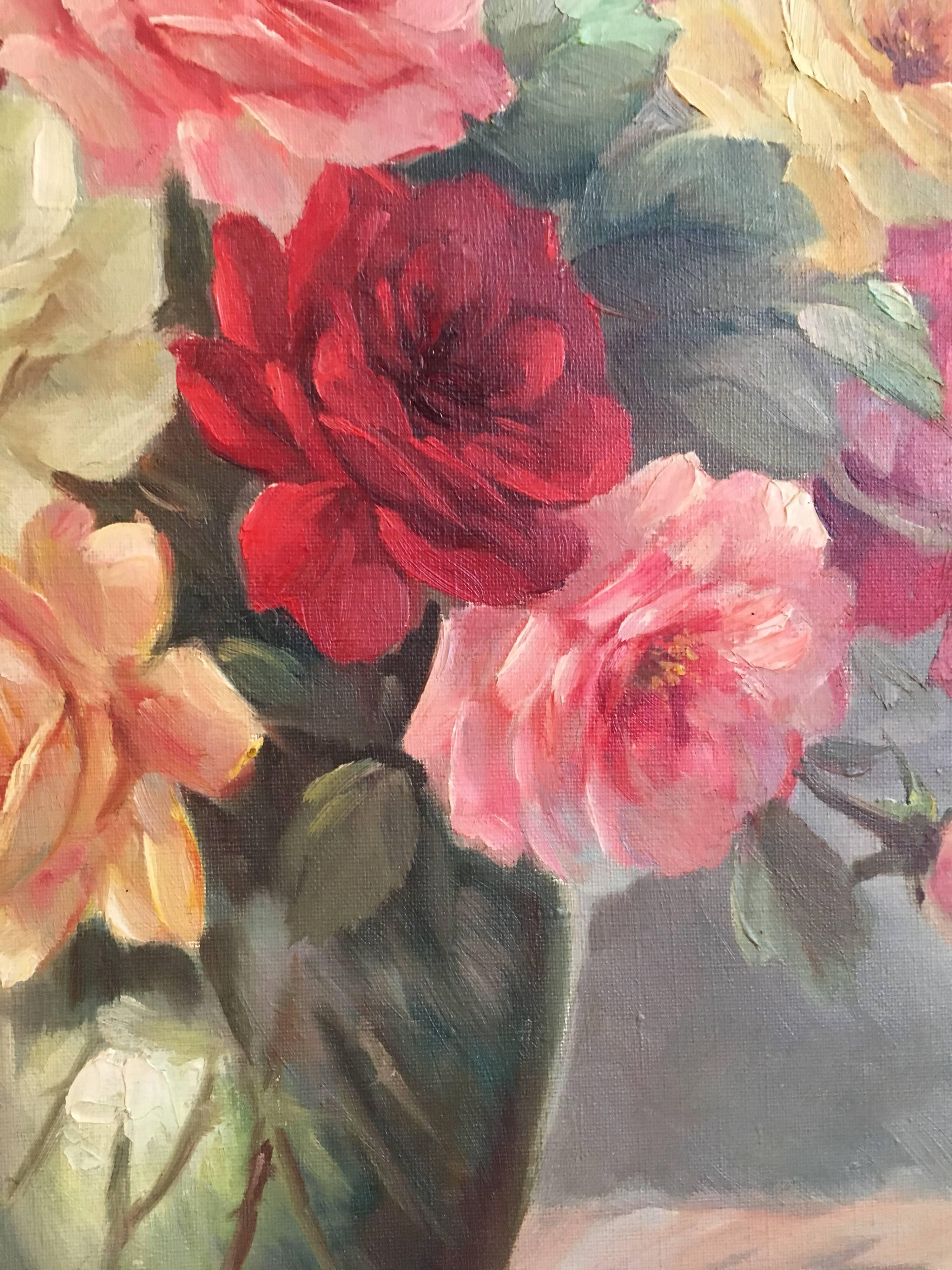 Vintage Roses, mid 20th century
French School, signed
Oil painting on canvas, framed
Framed size: 26 x 46.5 inches

Stunning still life oil painting of a brimming bouquet of roses. The full, colourful head of a rose makes these delightful flowers a