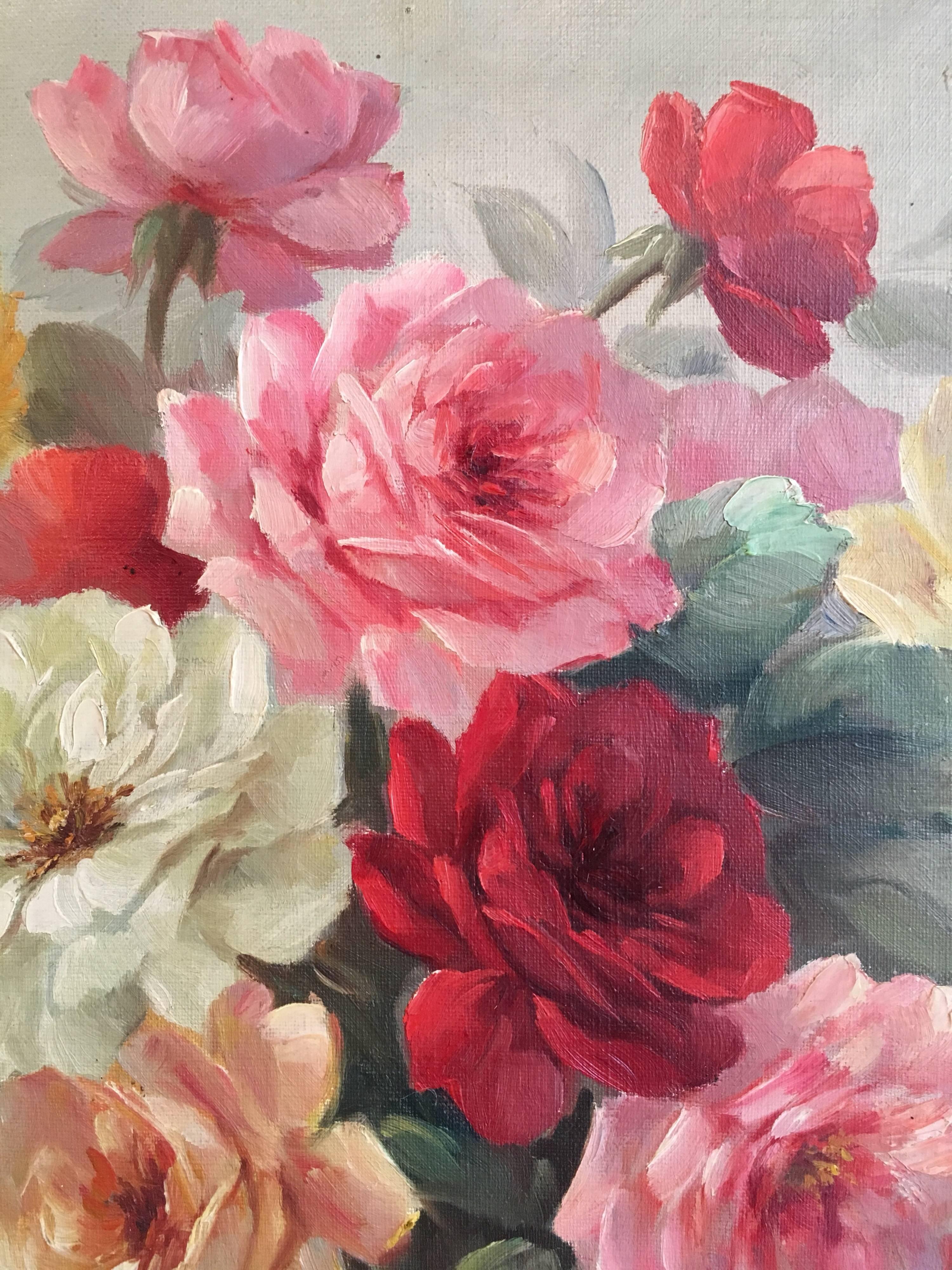 Vintage Roses, Large French Shabby Chic Oil Painting  1