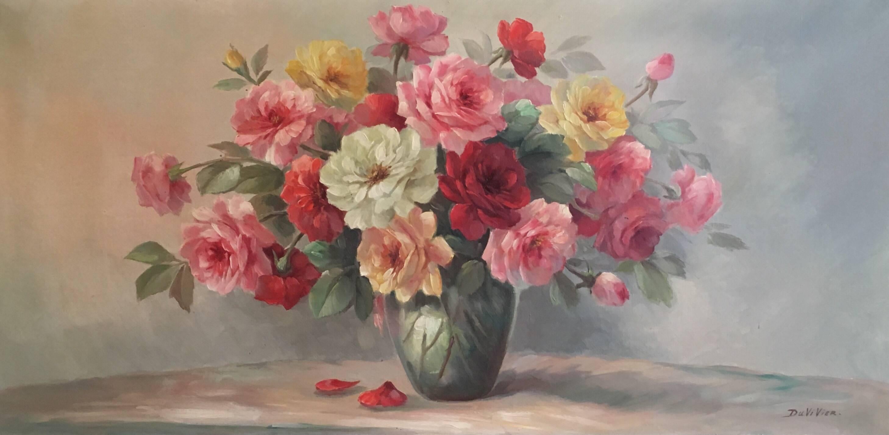 Unknown Interior Painting - Vintage Roses, Large French Shabby Chic Oil Painting 