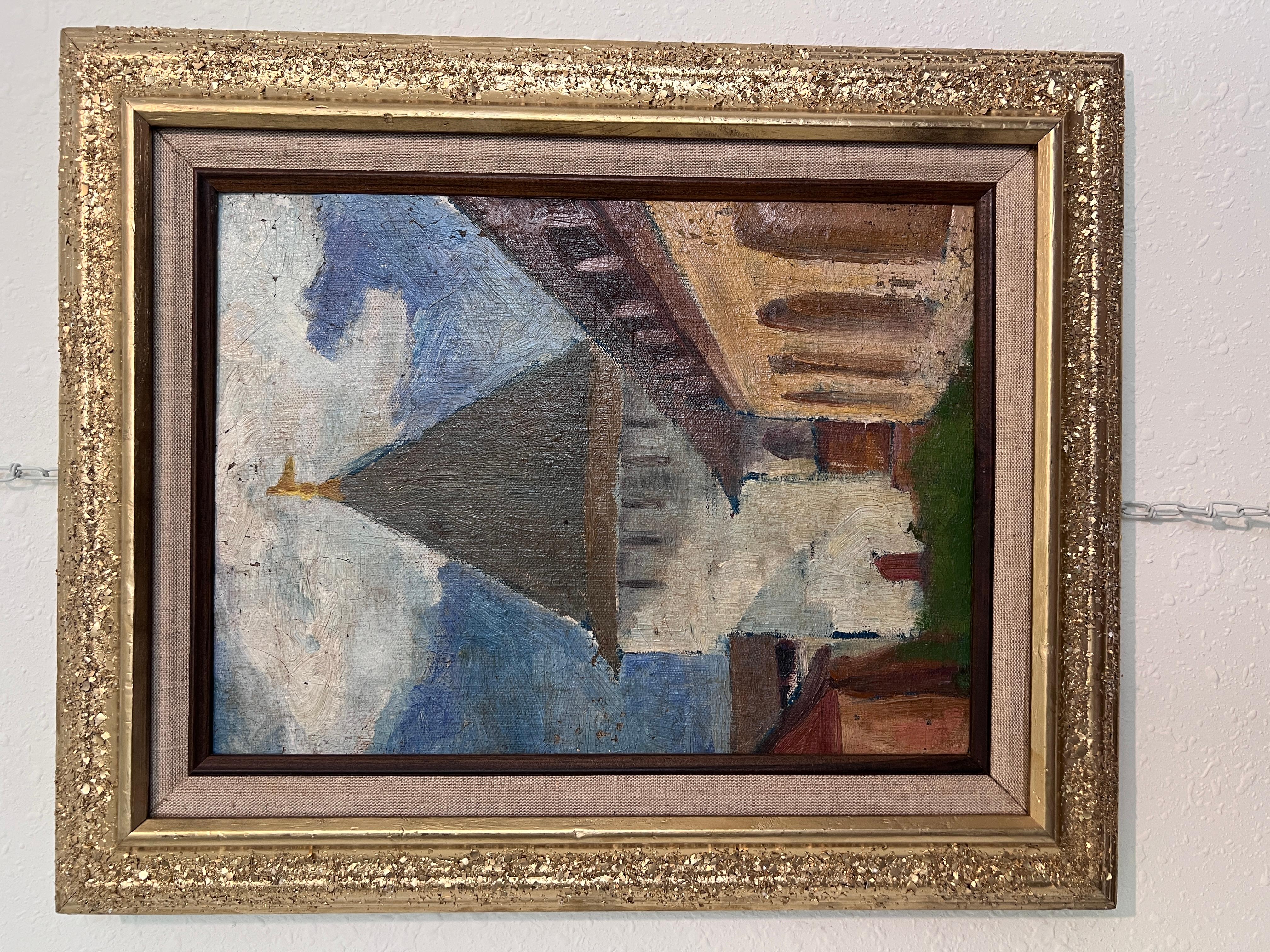 Pittura ad olio russa d'epoca - Torre medievale con cornice decorata a mano Non firmata - Painting di Unknown