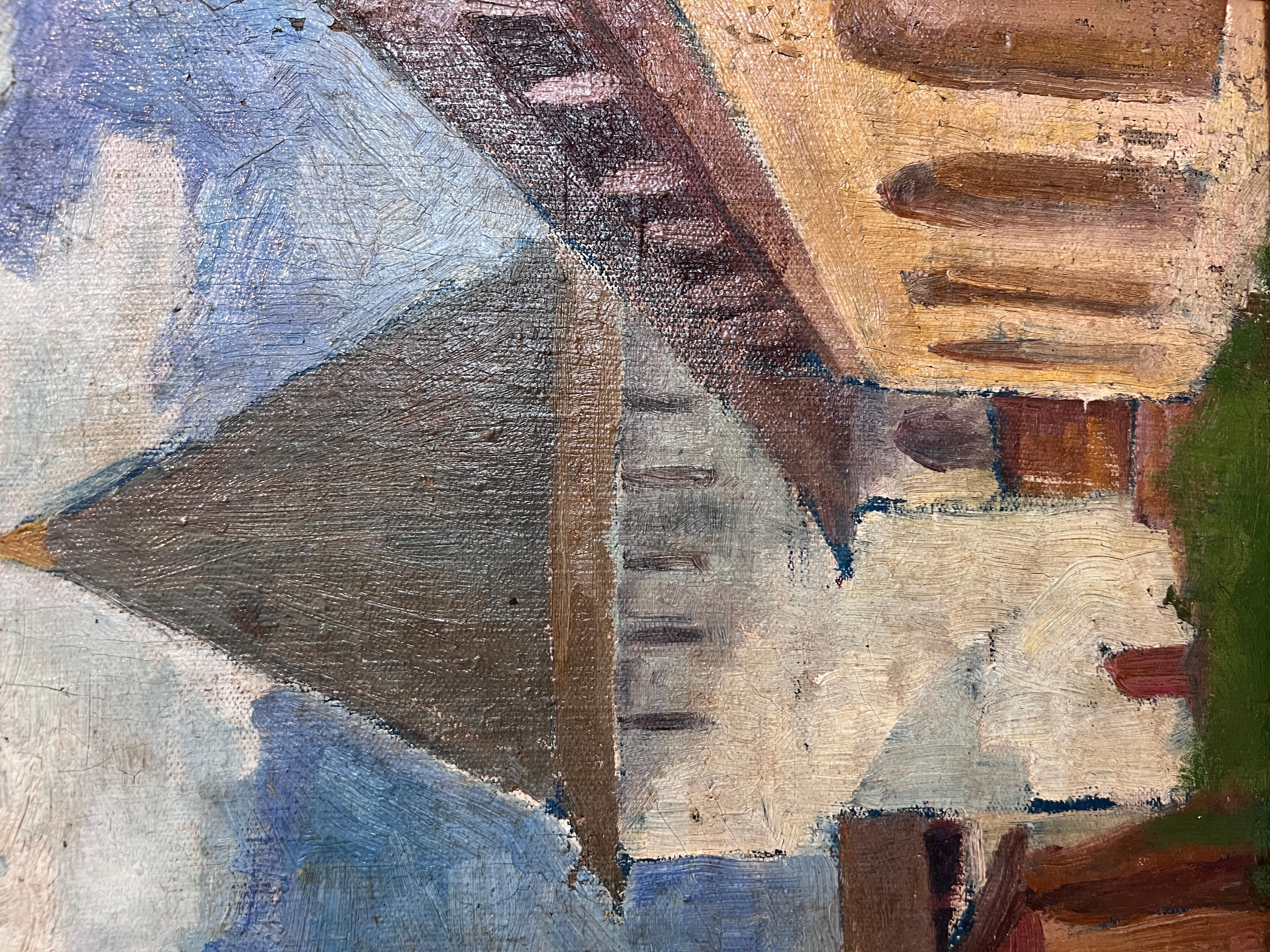 Pittura ad olio russa d'epoca - Torre medievale con cornice decorata a mano Non firmata - Painting Impressionismo di Unknown