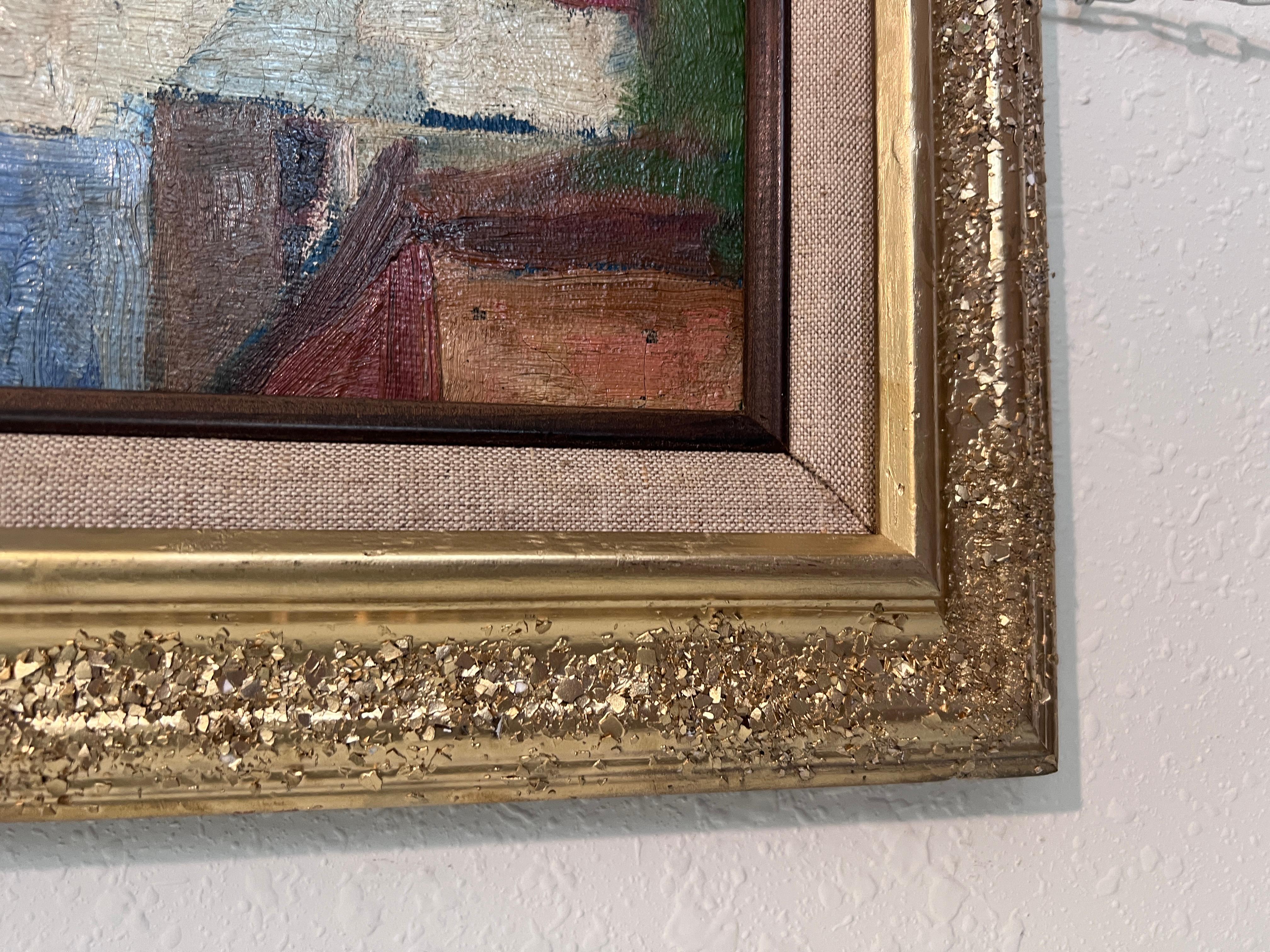 Pittura ad olio russa d'epoca - Torre medievale con cornice decorata a mano Non firmata - Landscape Painting Grigio di Unknown