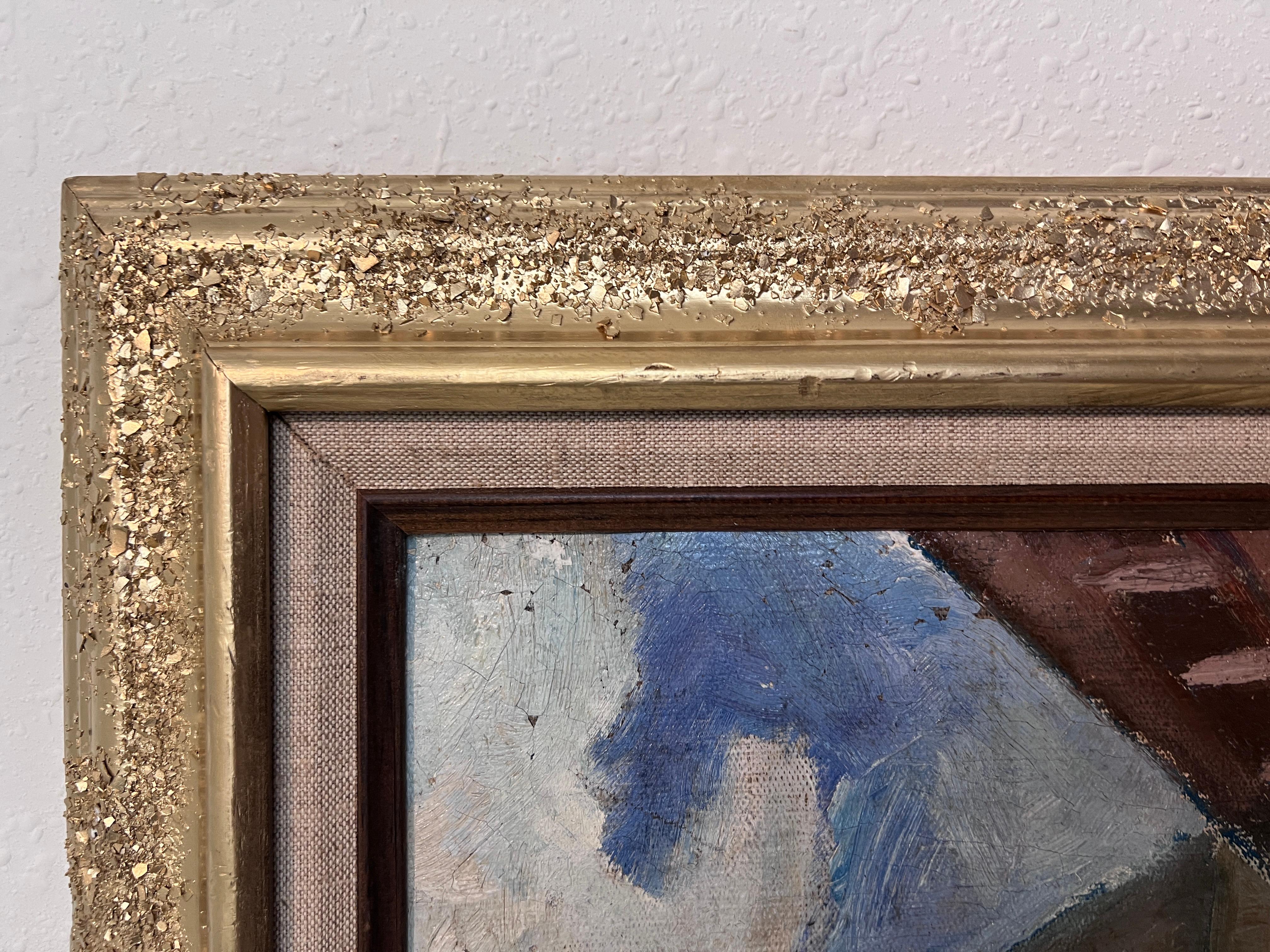 Pittura ad olio russa d'epoca - Torre medievale con cornice decorata a mano Non firmata in vendita 1