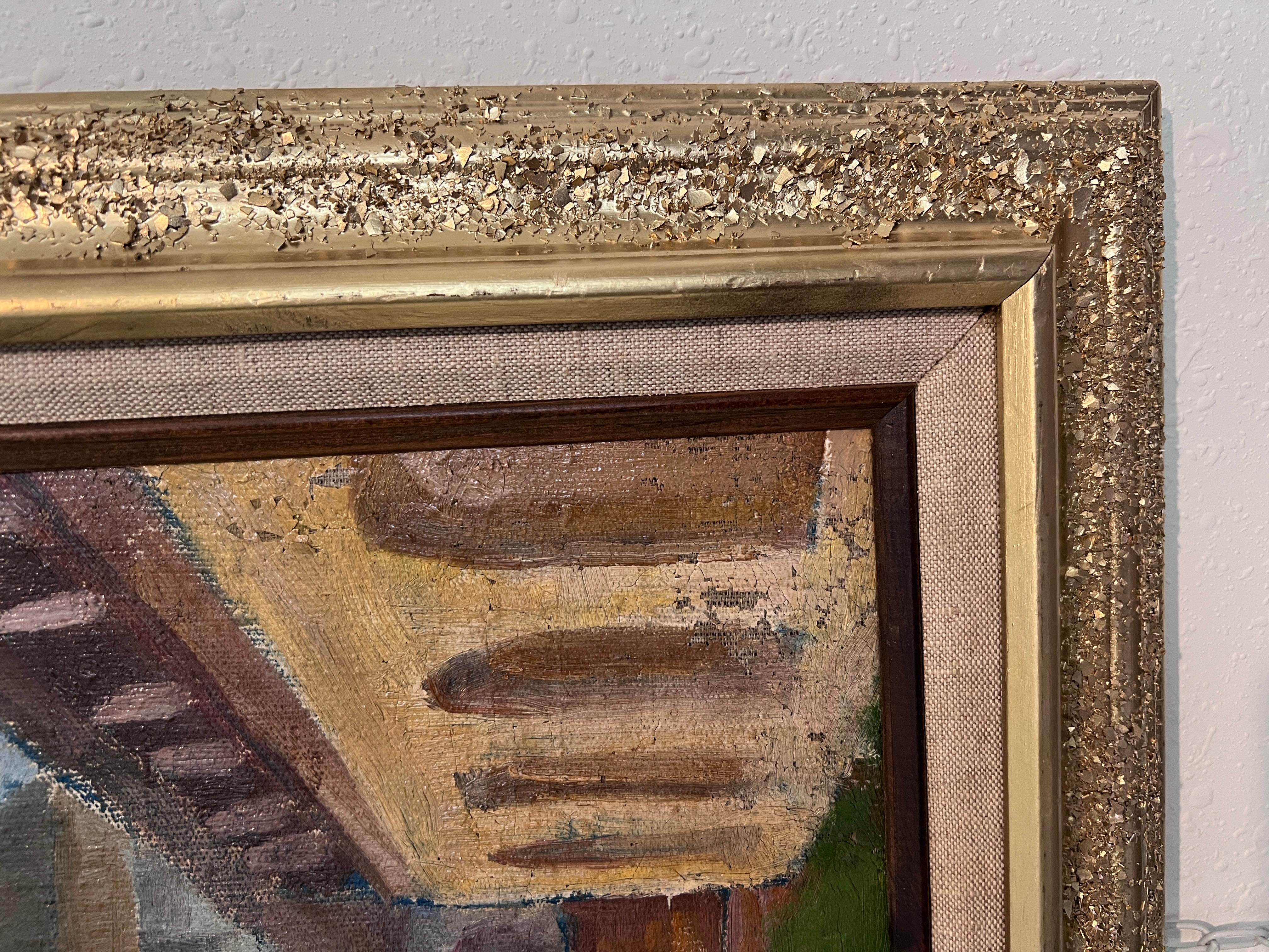 Pittura ad olio russa d'epoca - Torre medievale con cornice decorata a mano Non firmata in vendita 2