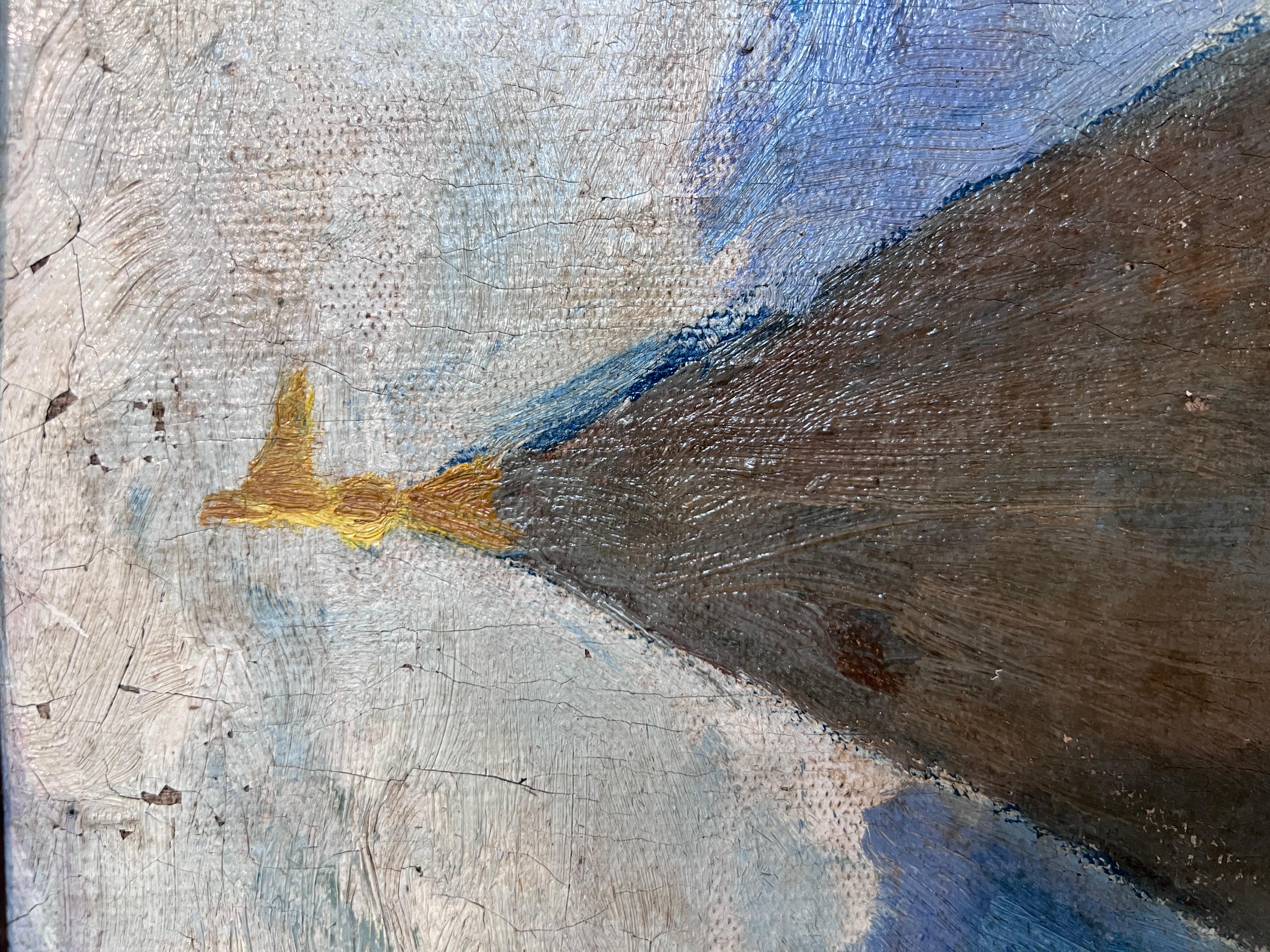 Pittura ad olio russa d'epoca - Torre medievale con cornice decorata a mano Non firmata in vendita 3