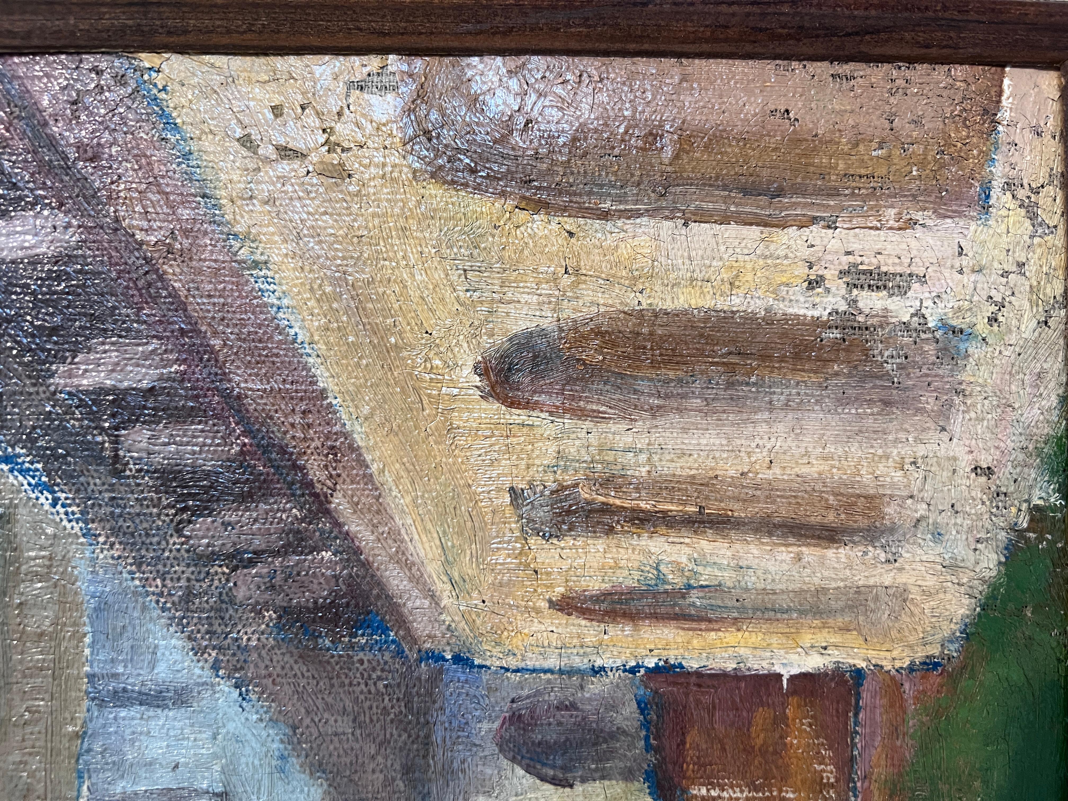 Pittura ad olio russa d'epoca - Torre medievale con cornice decorata a mano Non firmata in vendita 4