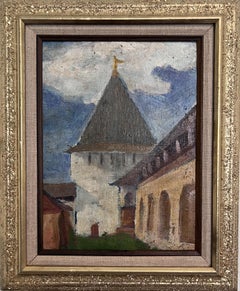 Pittura ad olio russa d'epoca - Torre medievale con cornice decorata a mano Non firmata